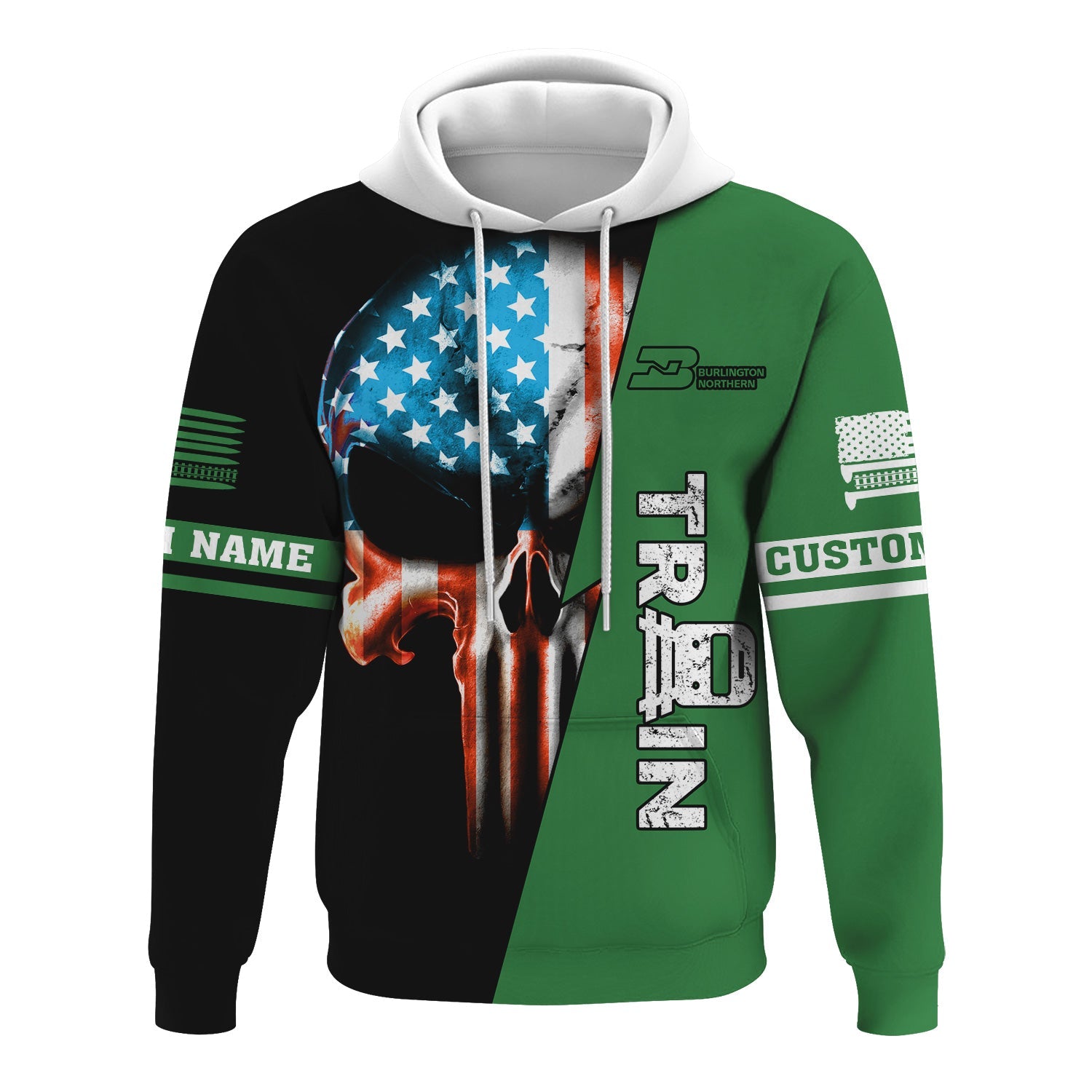 Railspirit Personalized Burlington Northern Railroad Hoodie Train Skull American Flag Zip Up Hoodie All Over Print