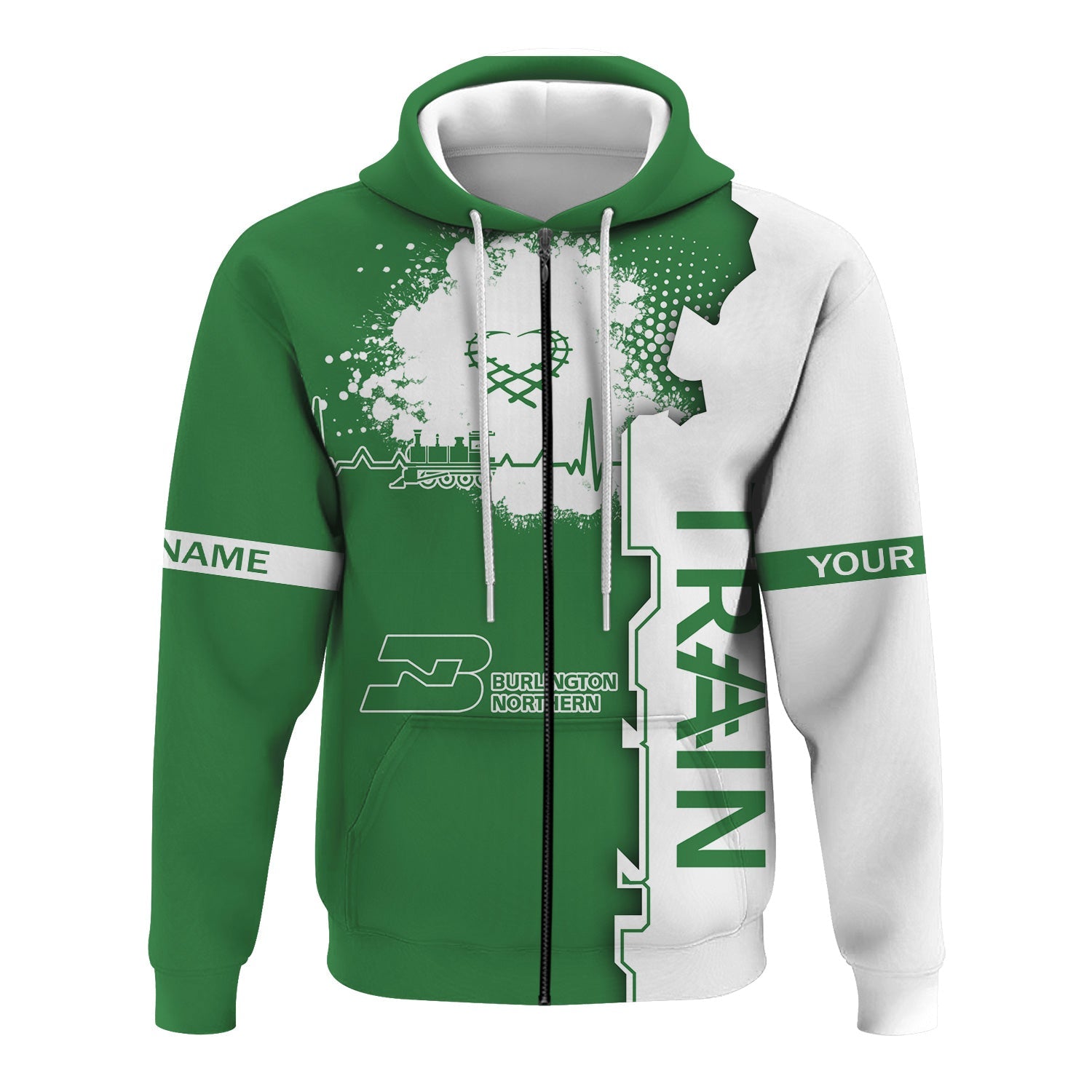 Railspirit Personalized Burlington Northern Railroad Hoodie Engine Heartbeat and Track Love Style Zip Up Hoodie Gift Idea For Train Lovers