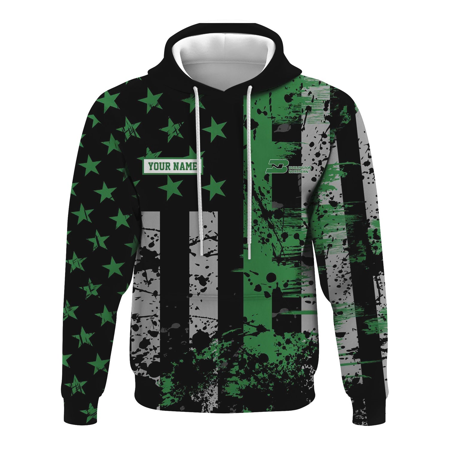 Railspirit Personalized Burlington Northern Railroad Hoodie Artistic Paint American Flag Style Train Zip Up Hoodie