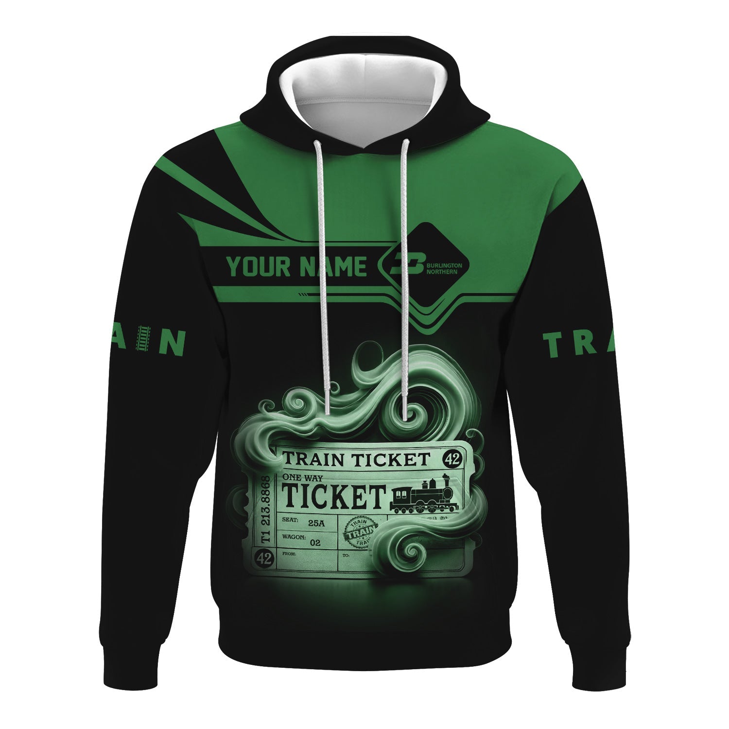 Railspirit Custom Name Burlington Northern Railroad Hoodie American Train Ticket Printed Zip Hoodie
