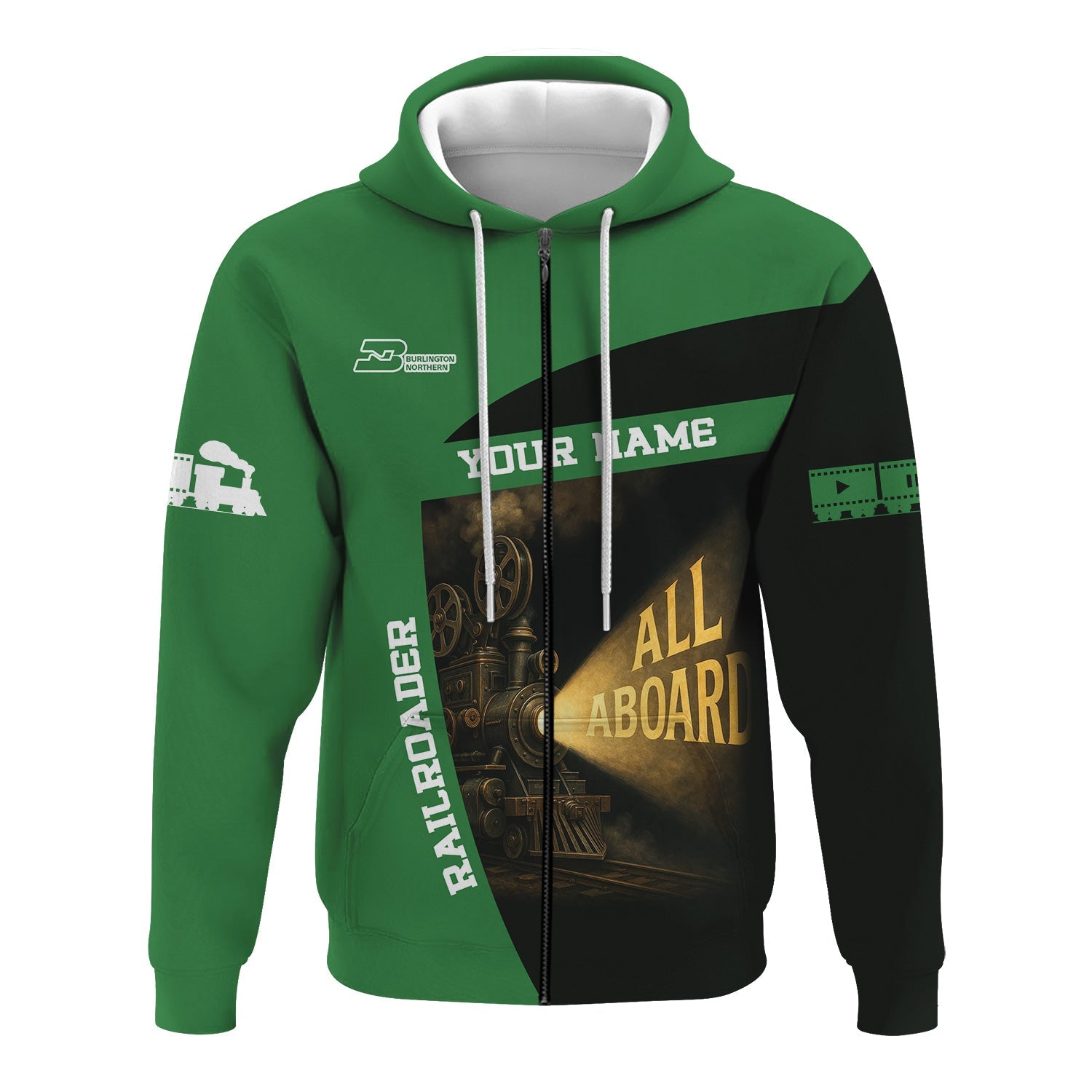 Railspirit Personalized Burlington Northern Railroad Hoodie All Aboard Steam Train Movie Projector Style Zip Up Hoodie
