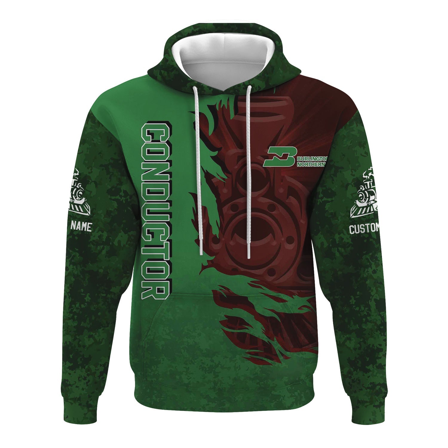 Railspirit Personalized Burlington Northern Railroad Hoodie Blazing Style with Custom Position Train Zip Up Hoodie