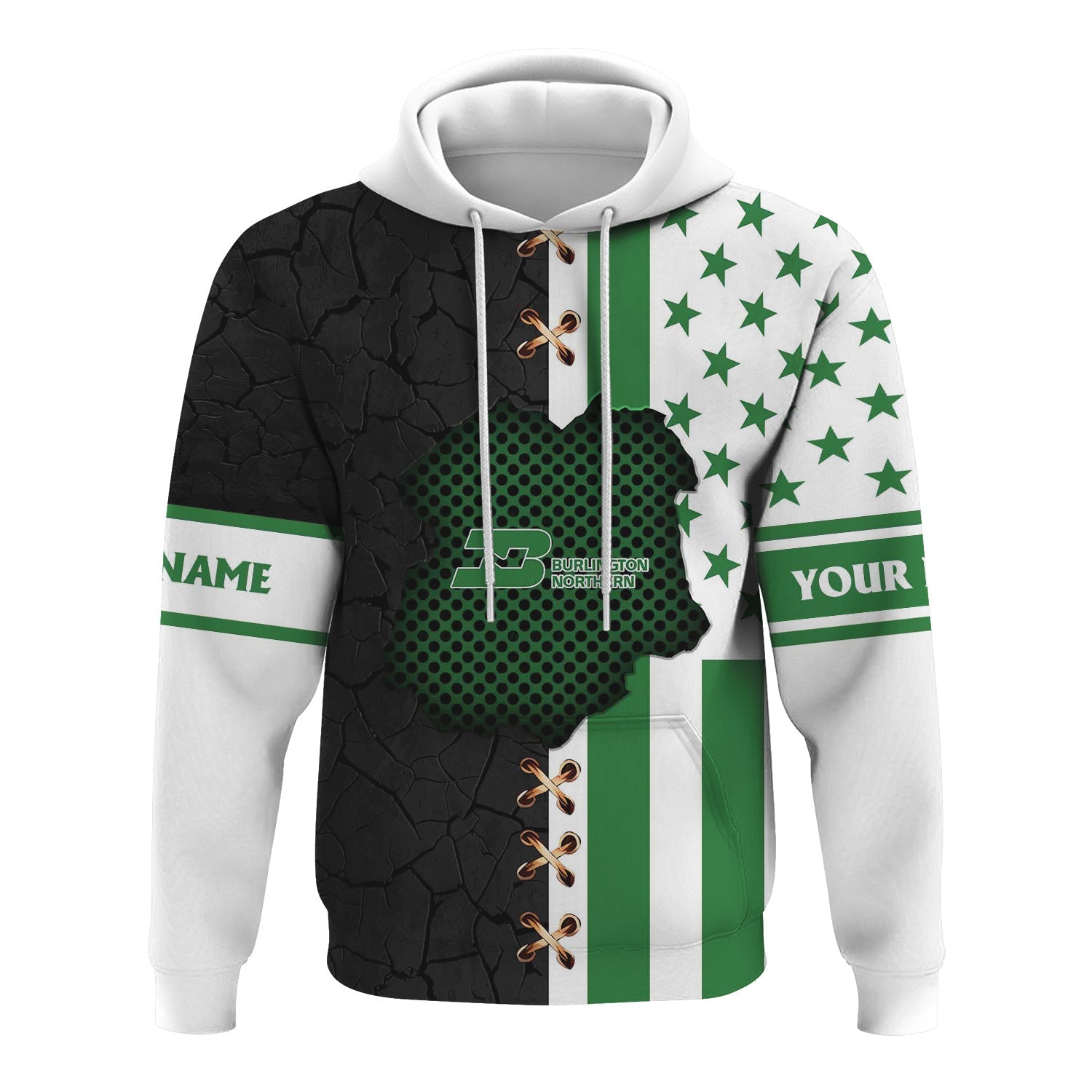 Railspirit Personalized Burlington Northern Railroad Hoodie American Flag with Crack Effect Train Zip Up Hoodie