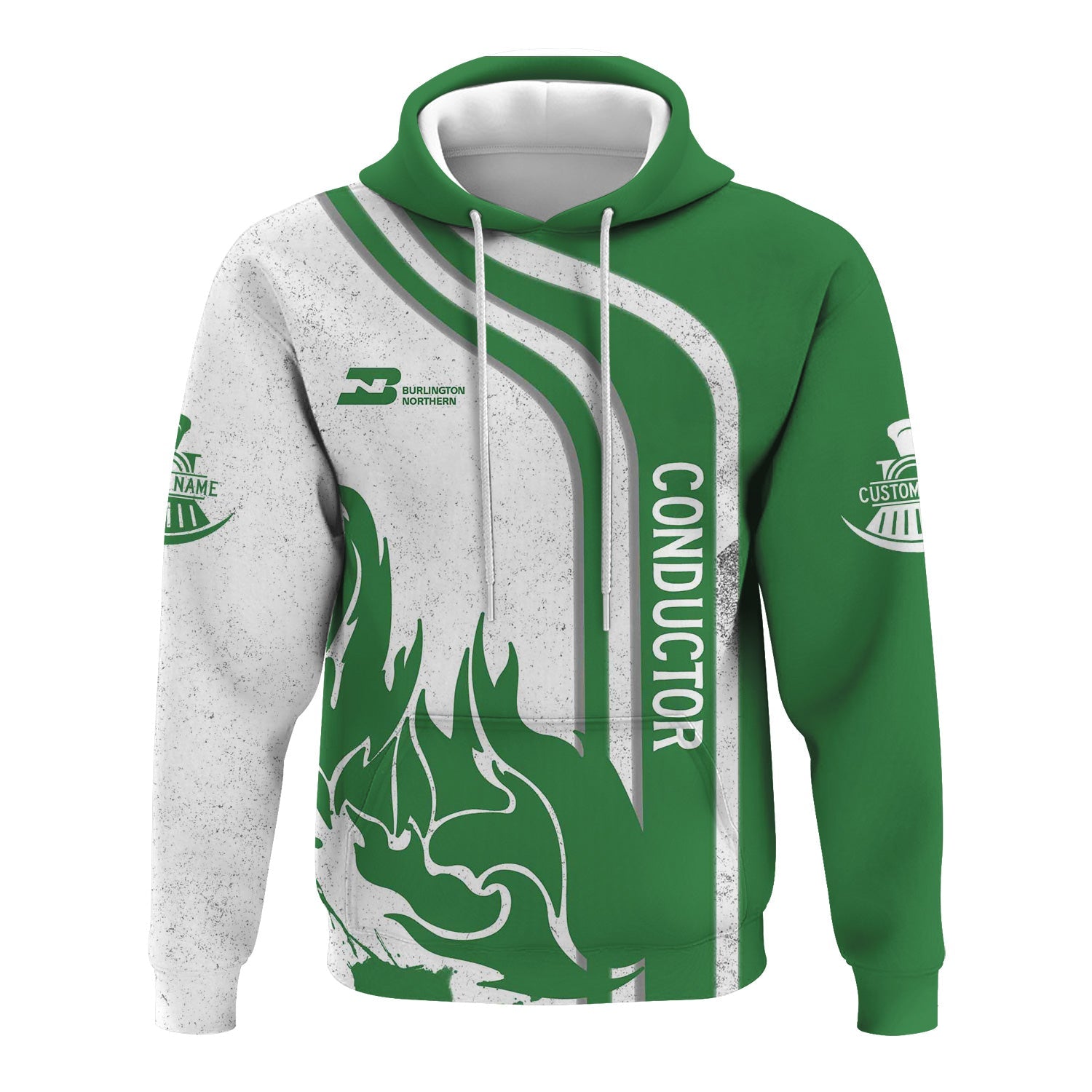 Railspirit Personalized Burlington Northern Railroad Hoodie Flame Design with Custom Job Position Train Zip Up Hoodie