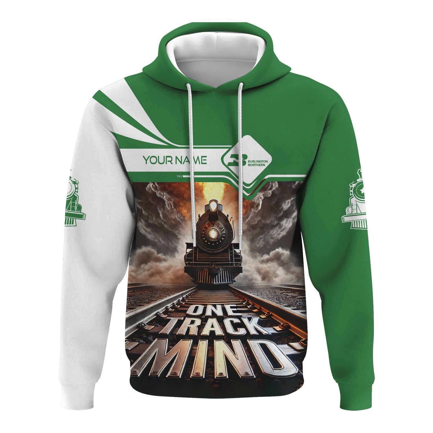 Railspirit Personalized Burlington Northern Railroad Hoodie One Track Mind Train Printed ZIp Up Hoodie