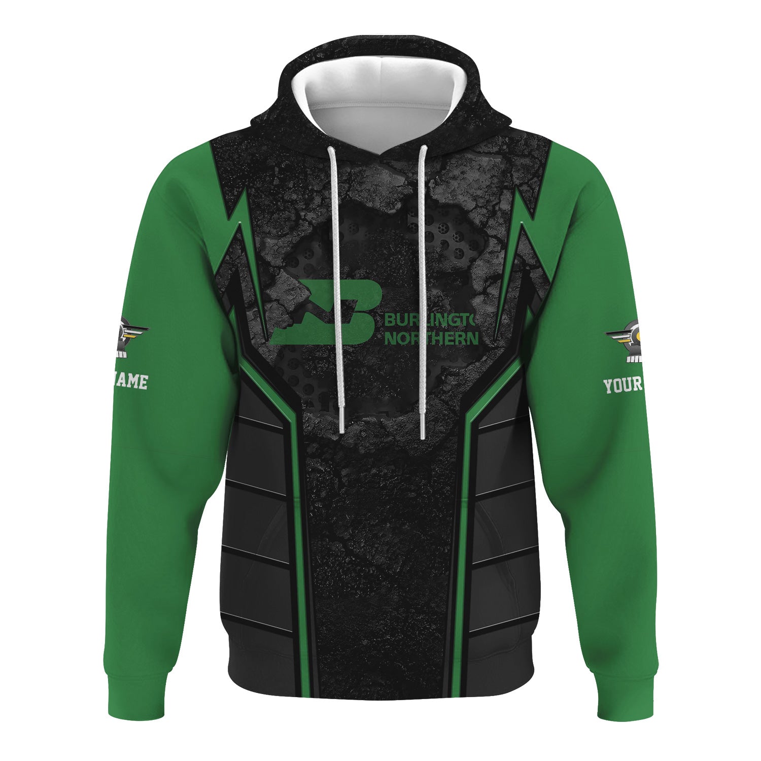Railspirit Personalized Burlington Northern Railroad Hoodie Cracked Metal Design Train Zip Up Hoodie for Rail Enthusiasts