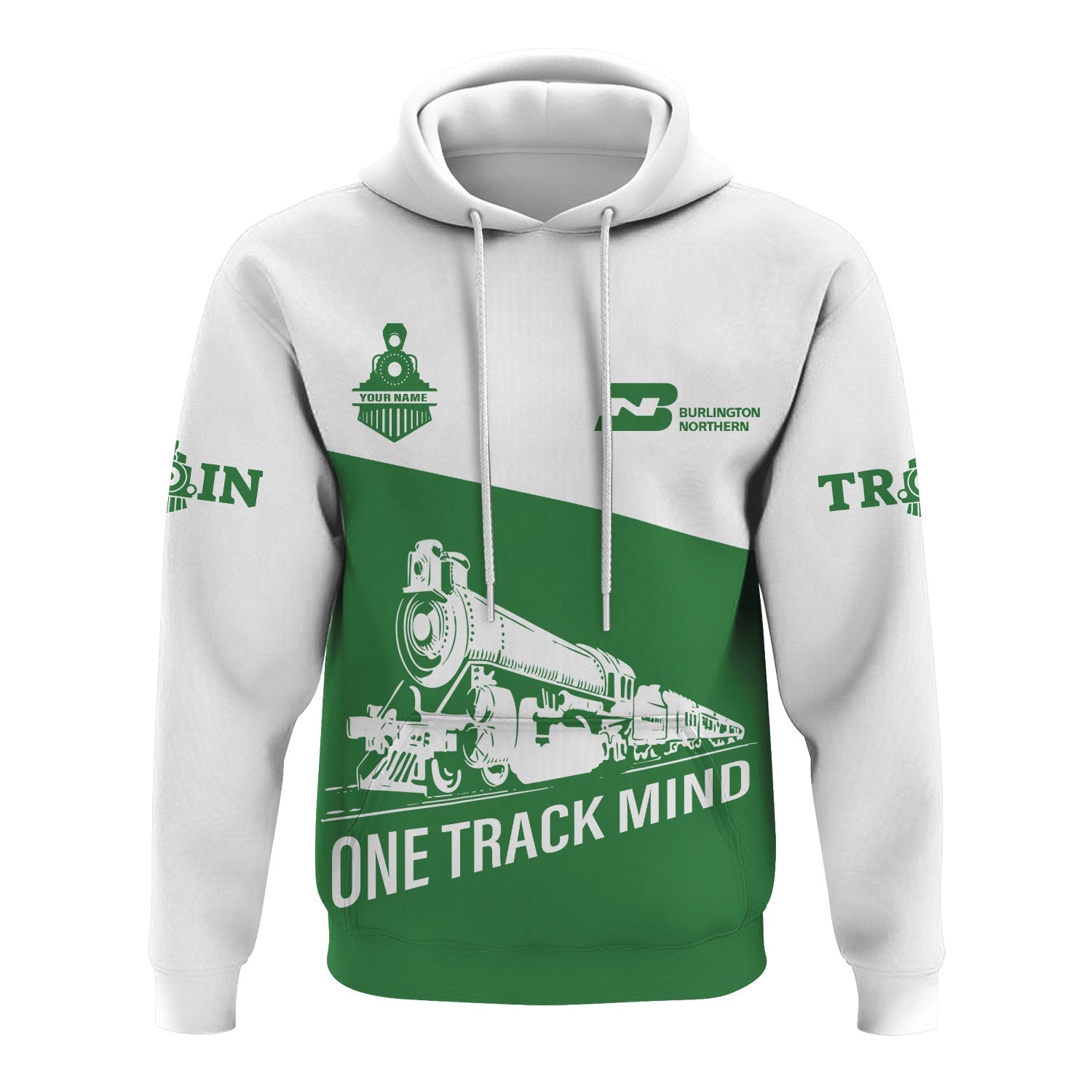Railspirit Custom Name Burlington Northern Railroad Hoodie One Track Mind Printed Zip Hoodie