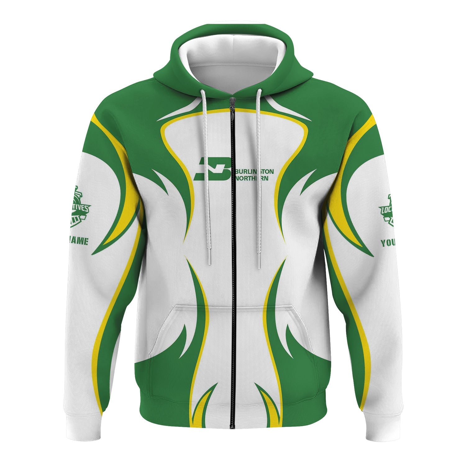 Railspirit Personalized Burlington Northern Railroad Hoodie Distinctive Flame Style Zip Up Hoodie For Steam Engine Addict