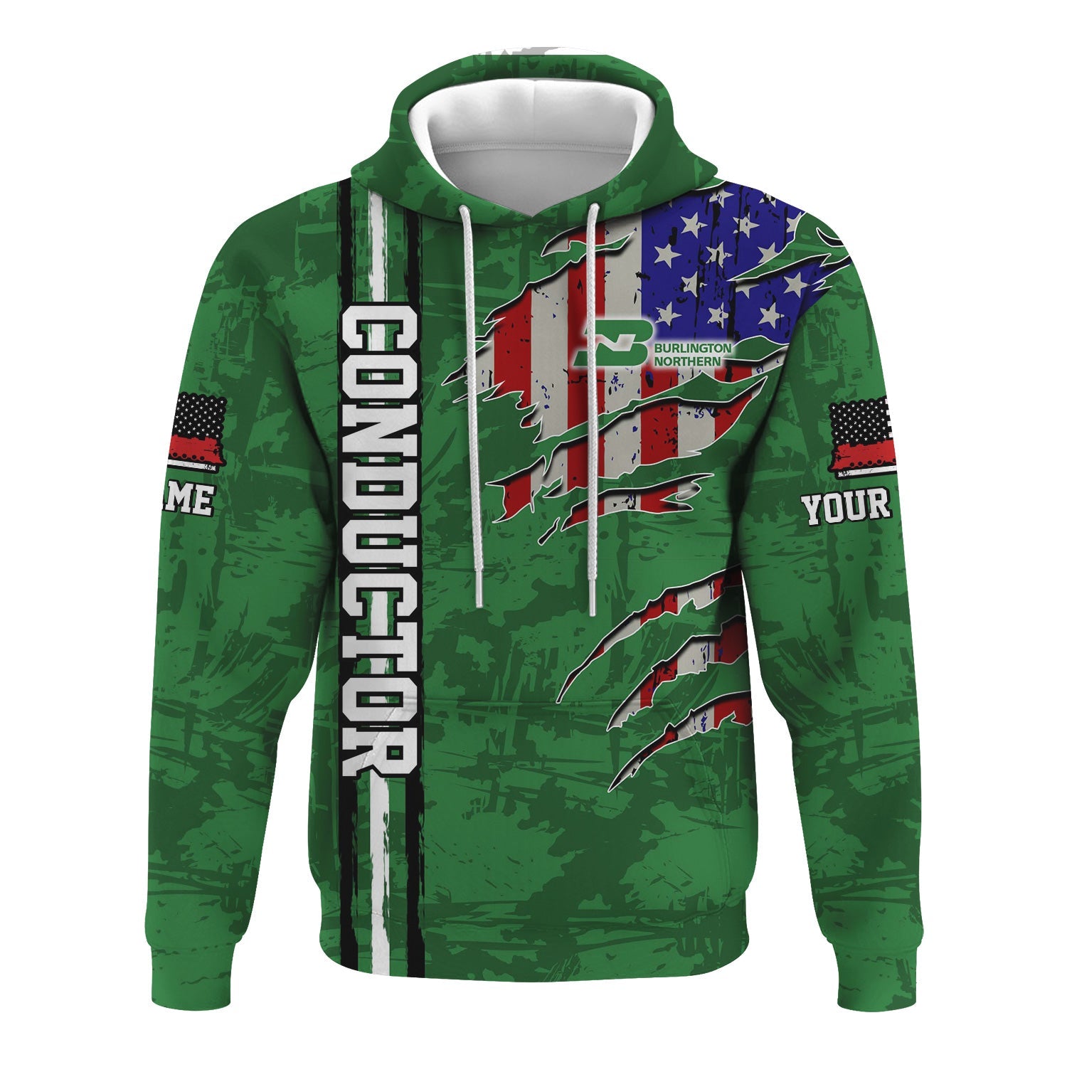 Railspirit Personalized Burlington Northern Railroad Hoodie USA Flag Claw Art with Custom Job Train Zip Up Hoodie