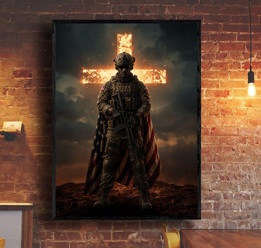 Jesus Soldier Printed Canvas, Father’s Day Gift for Dad, Christian Military Wall Art with Flaming Cross and American Flag Design