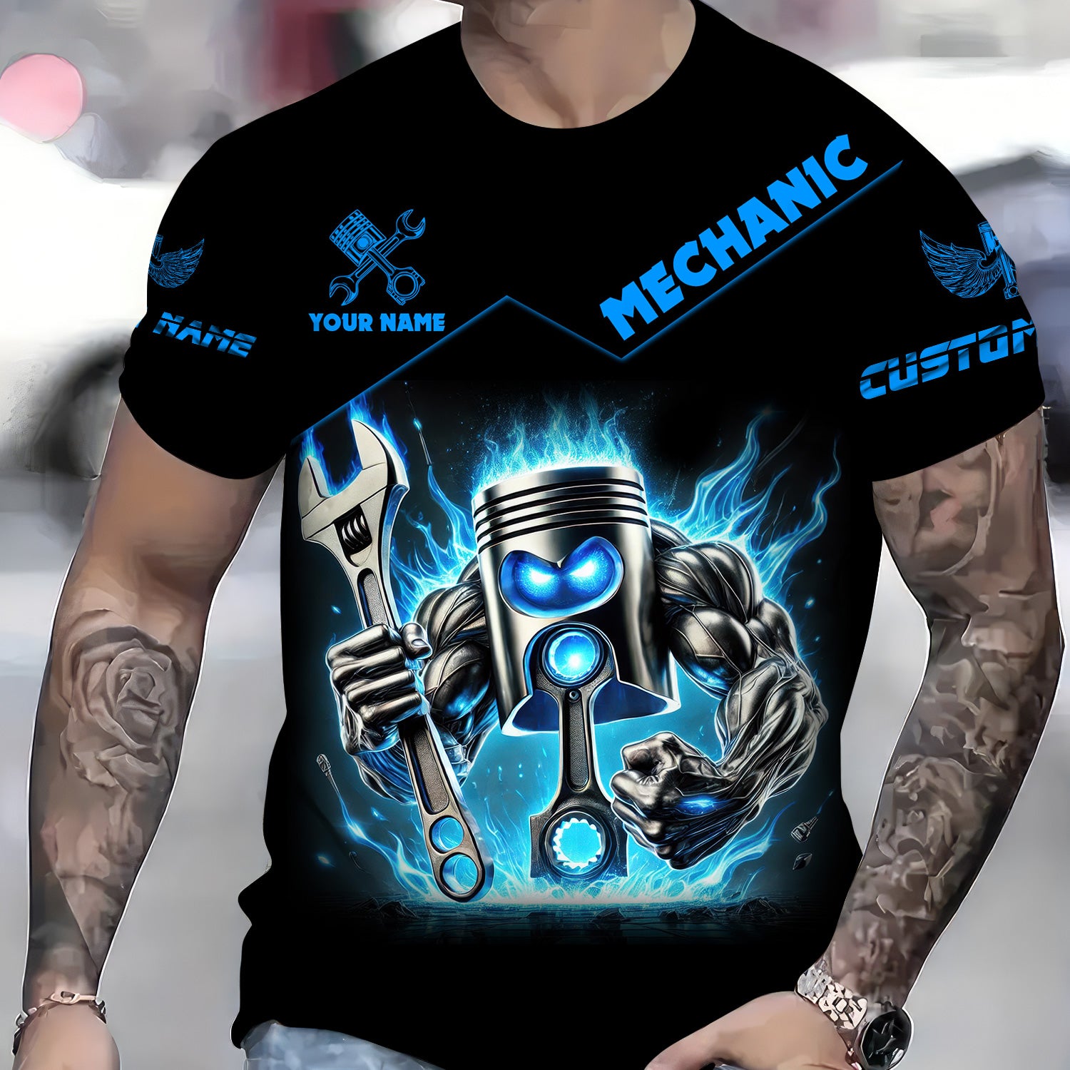Custom Name Mechanic Shirt Blue Flame Muscle Engine Piston Holding Wrench T Shirt