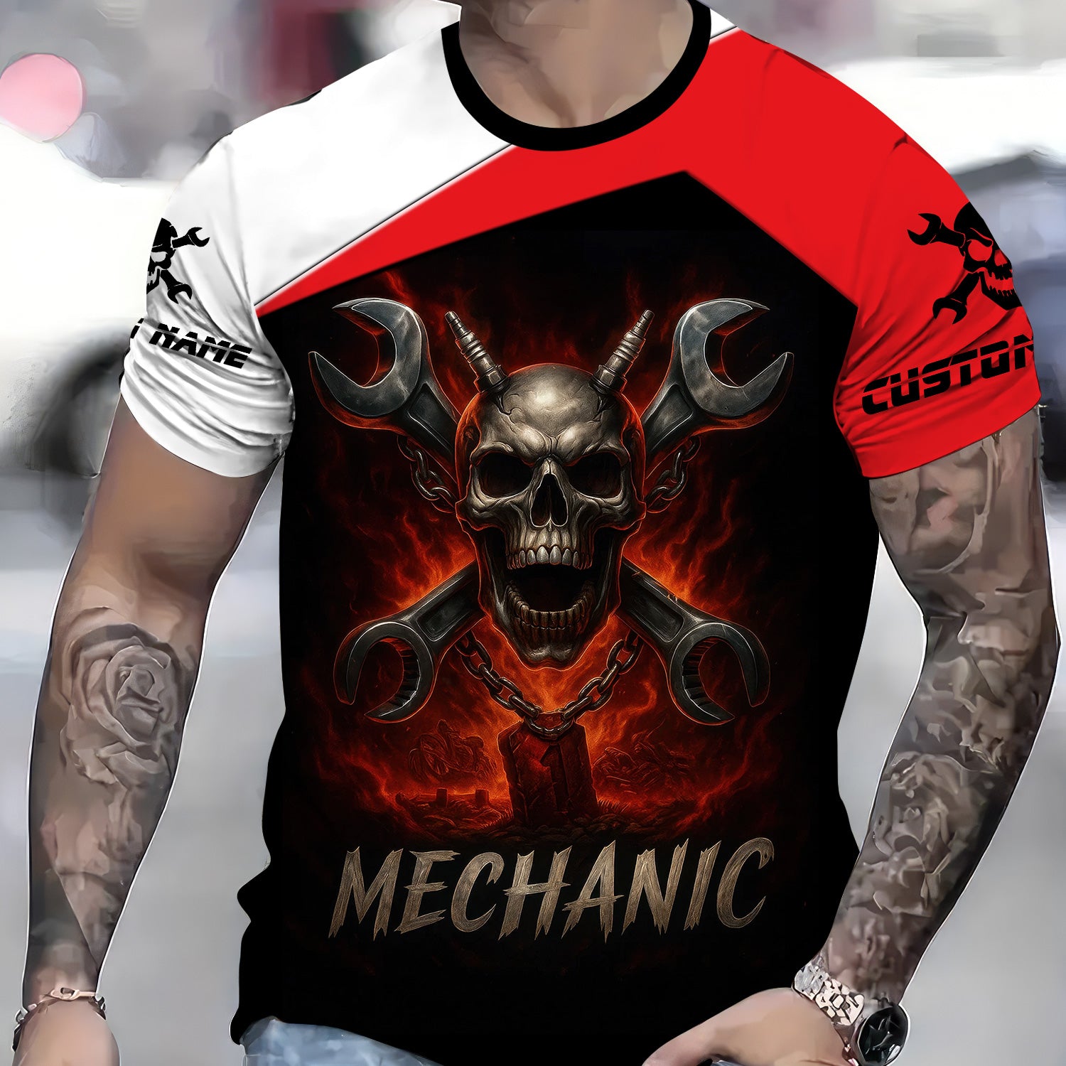 Custom Name Mechanic Shirt Wrench Flame Skull Design T Shirt