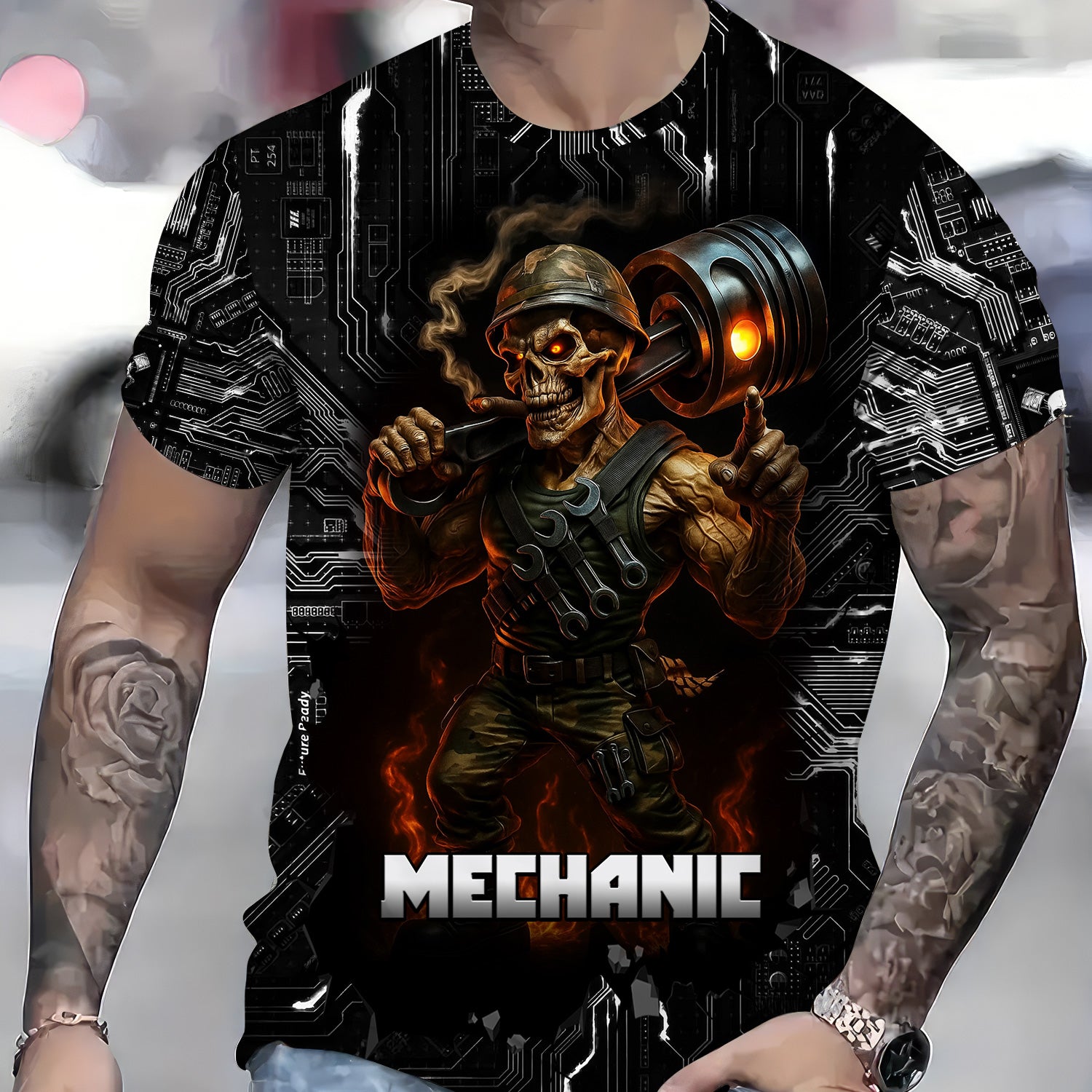 Mechanic Shirt Soldier Skull Holding Giant Engine Piston Design T Shirt All Over Printed