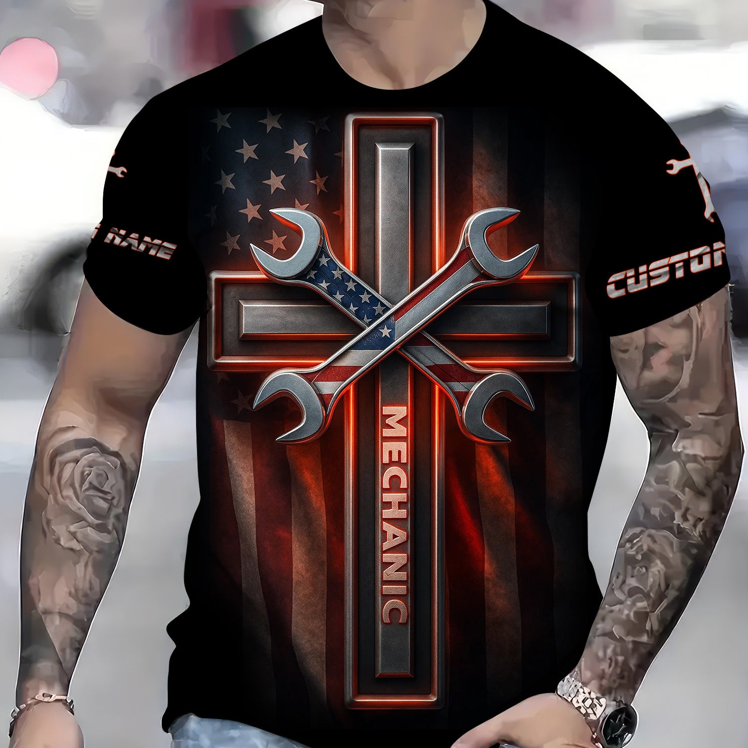 Custom Name Mechanic Shirt Wrench The Cross with USA Flag Design T Shirt