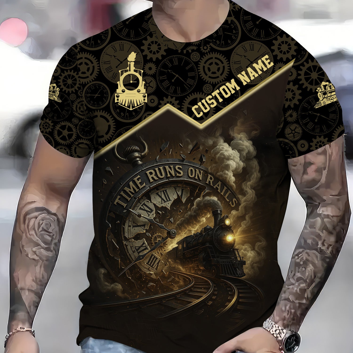 Custom Name Steam Train T-shirt, Time Runs On Rails, Vintage Train with Clock Design, Train Lover Gift