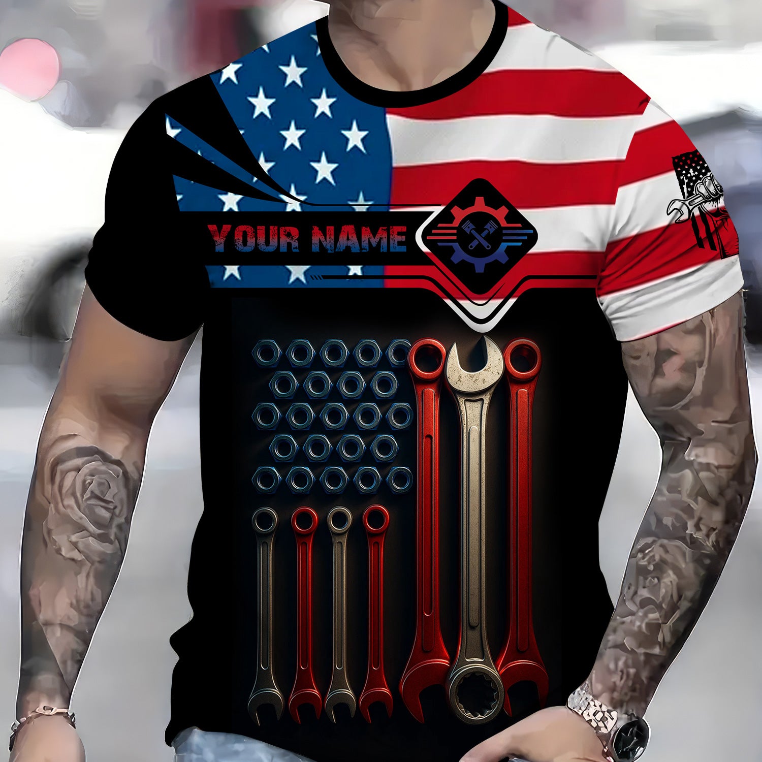 Custom Name Mechanic Shirt Wrenches with American Flag Design T Shirt