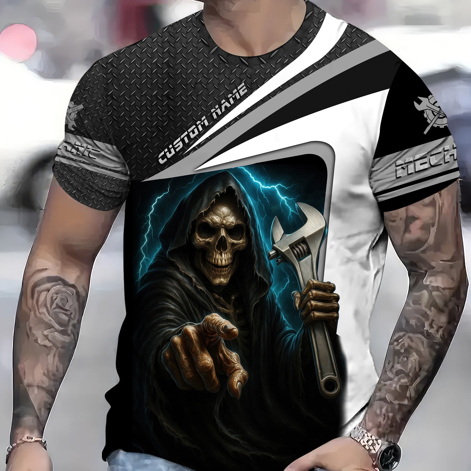 Custom Name Mechanic Shirt Grim Reaper Holding Wrench with Thunder Design T Shirt