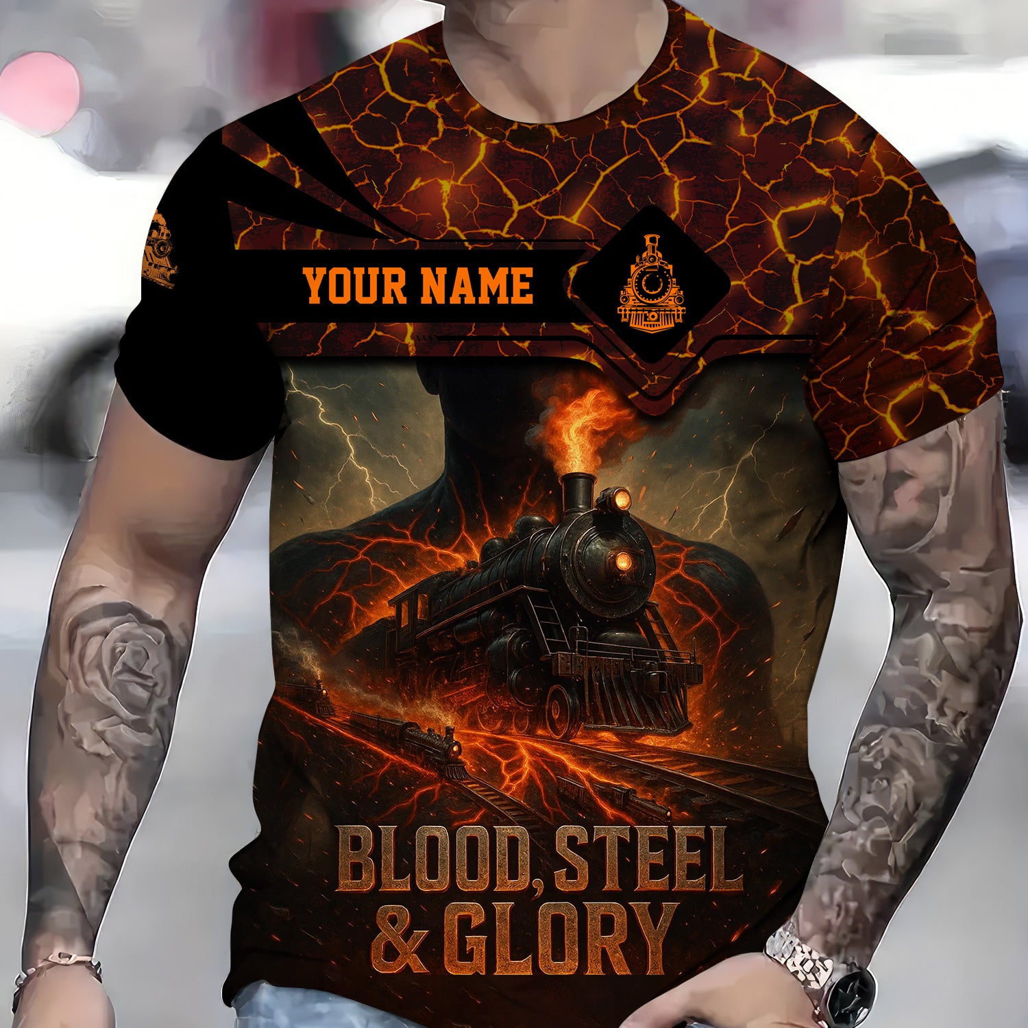 Custom Name Steam Train T-shirt, Blood Steel and Glory, Train Lover Gift