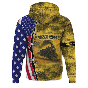 Railspirit Personalized Erie Railroad Hoodie Retro American Express Train With USA Flag Zip Up Hoodie