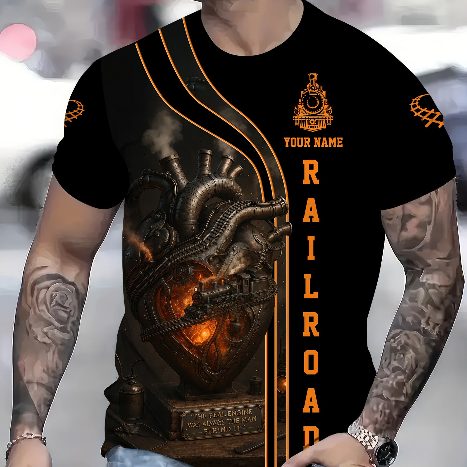 Custom Name Steam Train T-shirt, The Real Engine Was Always The Man Behind, Vintage Train and Engine Heart Design, Train Lover Gift