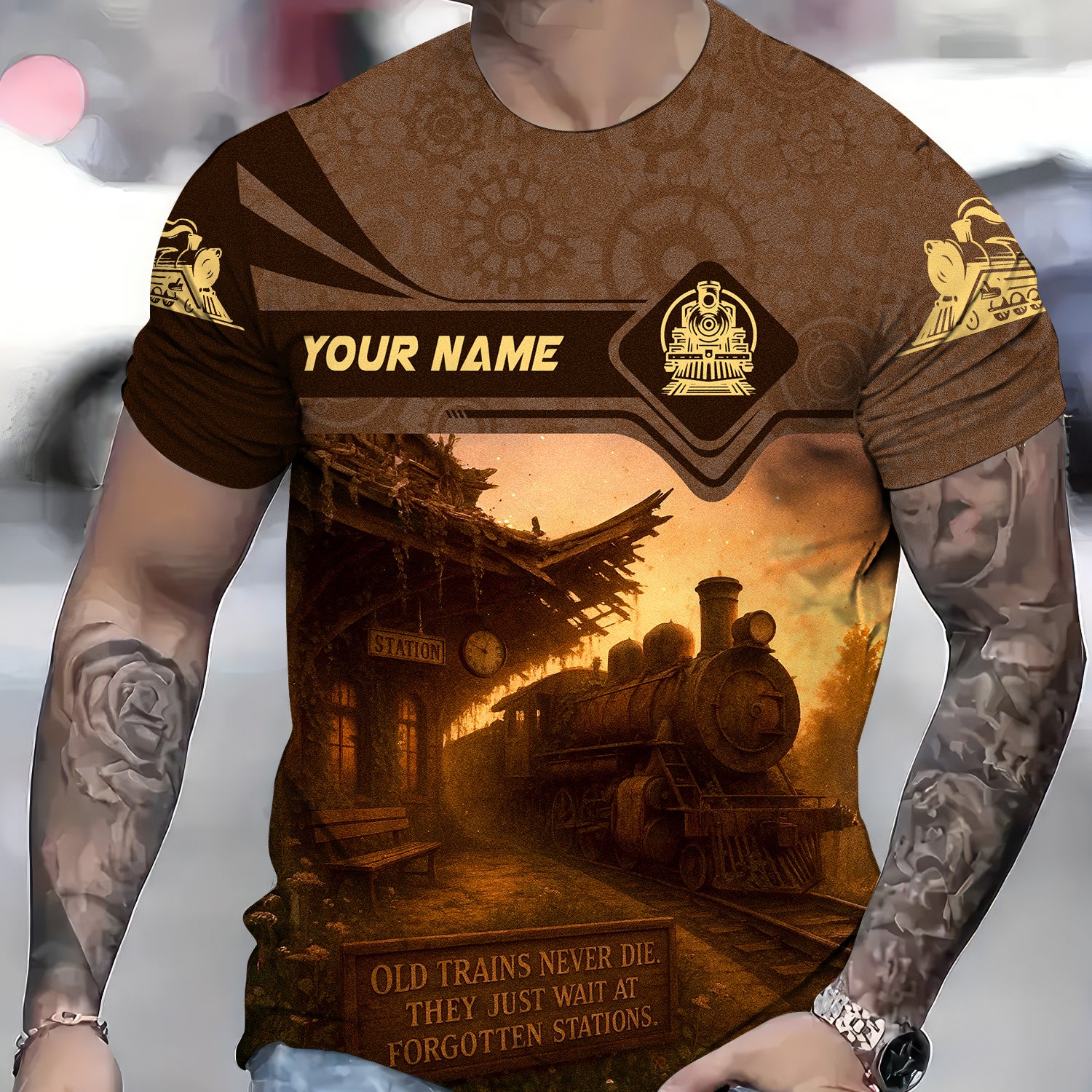 Custom Name Steam Train T-shirt, Old Trains Never Die They Just Wait At Forgotten Stations, Vintage Style, Train Lover Gift