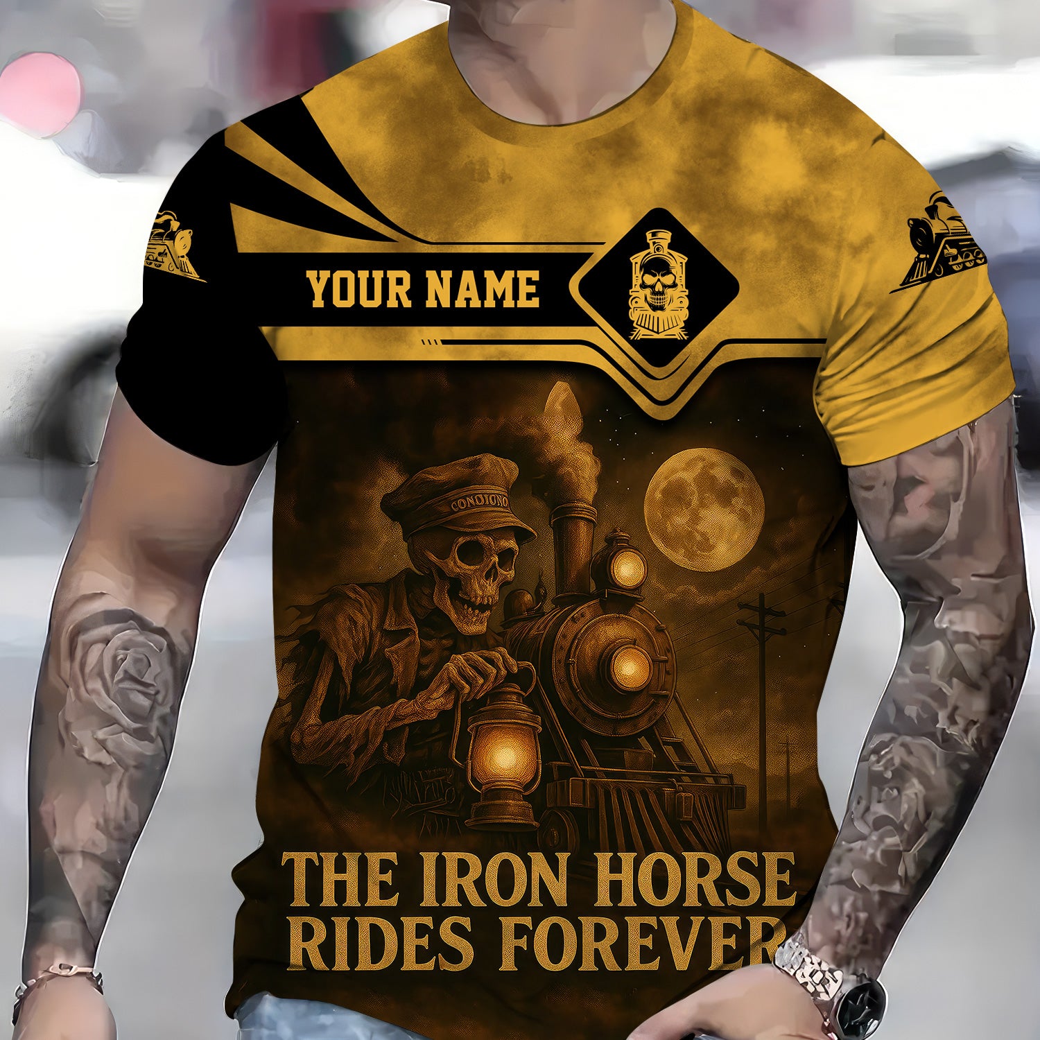 Custom Name Steam Train T-shirt, The Iron Horse Rides Forever, Vintage Skull Design, Train Lover Gift