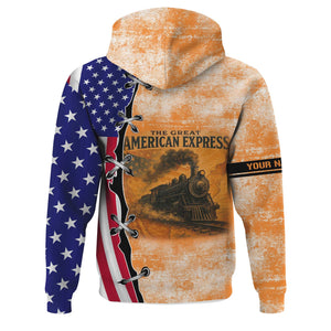 Railspirit Personalized BNSF Railway Hoodie Retro American Express Train With USA Flag Zip Up Hoodie