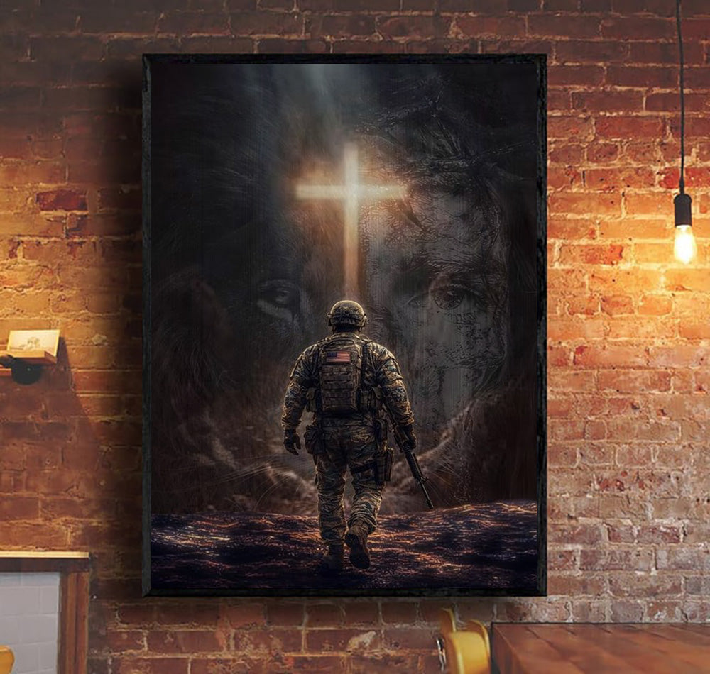 Christian Soldier Wall Art, Faith Over Fear Jesus Cross Canvas, Military Veteran Religious Home Decor Gift