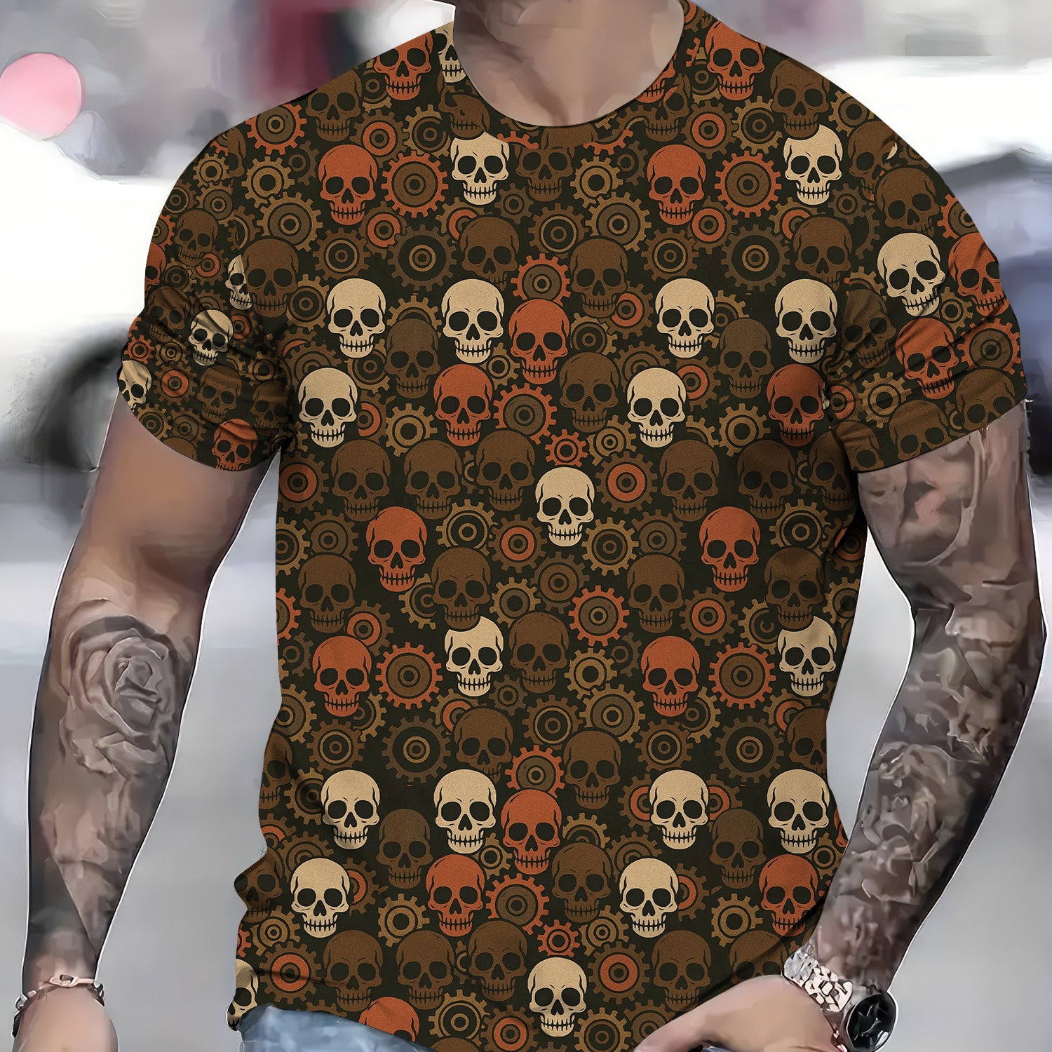 Personalized Mechanic Shirt, Skulls and Gears Pattern, All Over Printed, Gift For Men