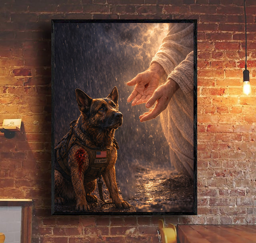 Jesus with Wounded Military Dog Wall Art Canvas, Christian Veteran Gift, Patriotic K9 Hero Canvas, God's Protection Poster, Patriotic Decor