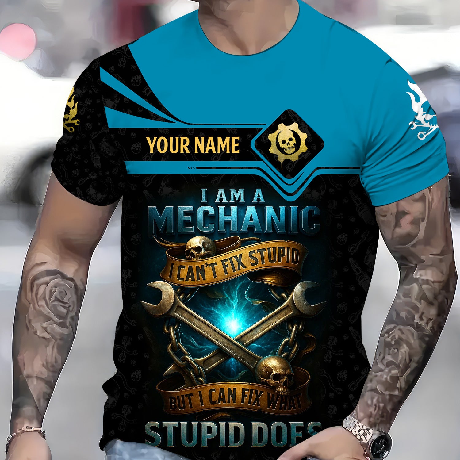 Personalized Mechanic Shirt, I Am A Mechanic I Can't Fix Stupid But I Can Fix What Stupid Does, Skull and Wreches Design, Gift For Men
