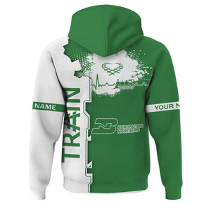 Railspirit Personalized Burlington Northern Railroad Hoodie Engine Heartbeat and Track Love Style Zip Up Hoodie Gift Idea For Train Lovers