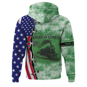Railspirit Personalized Burlington Northern Railroad Hoodie Retro American Express Train With USA Flag Zip Up Hoodie