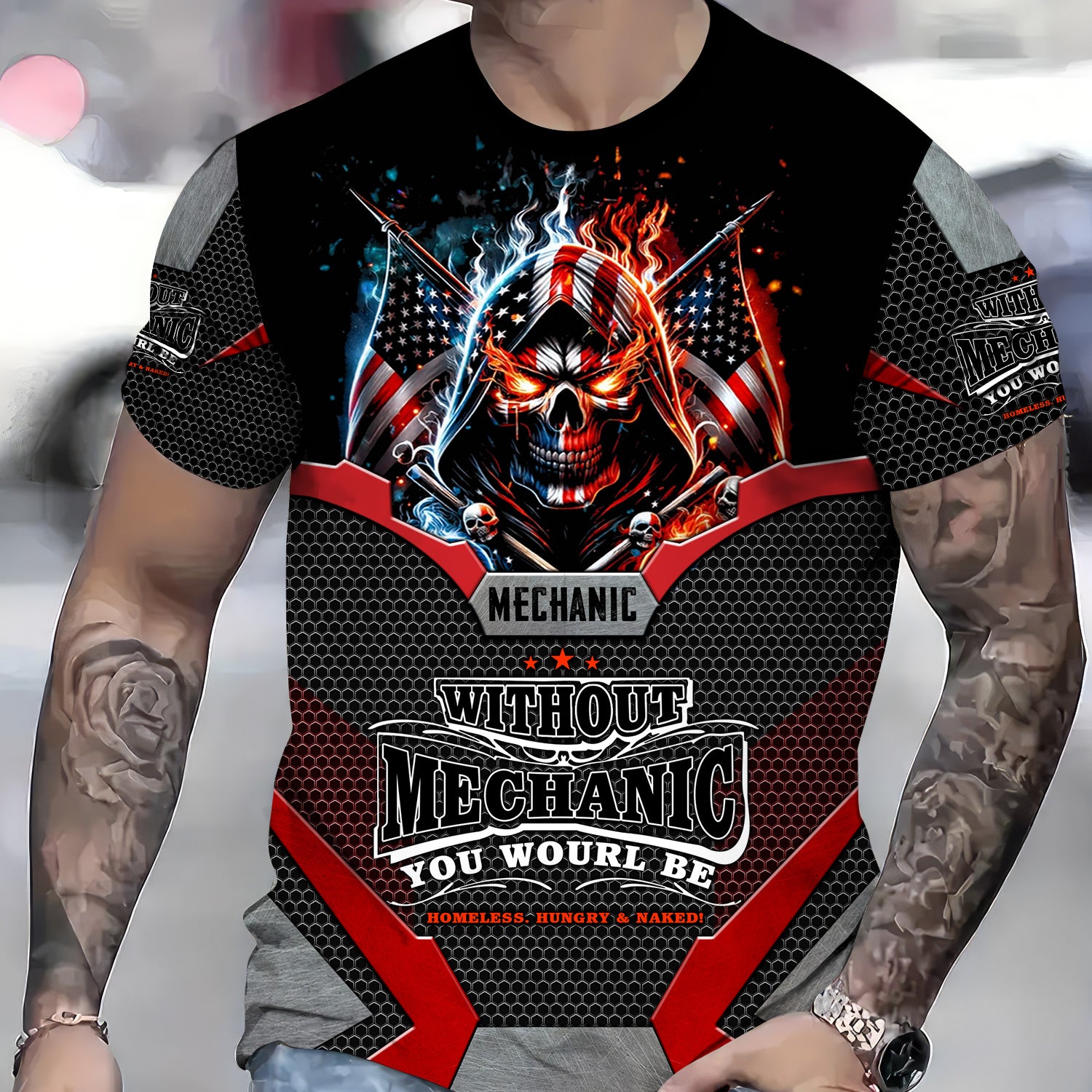 Mechanic Without Mechanic You Wourl Be Shirt, American Flag Design, Perfect Gift for Mechanics, Unique Skull Graphic Tee, Homeless Hungry Naked