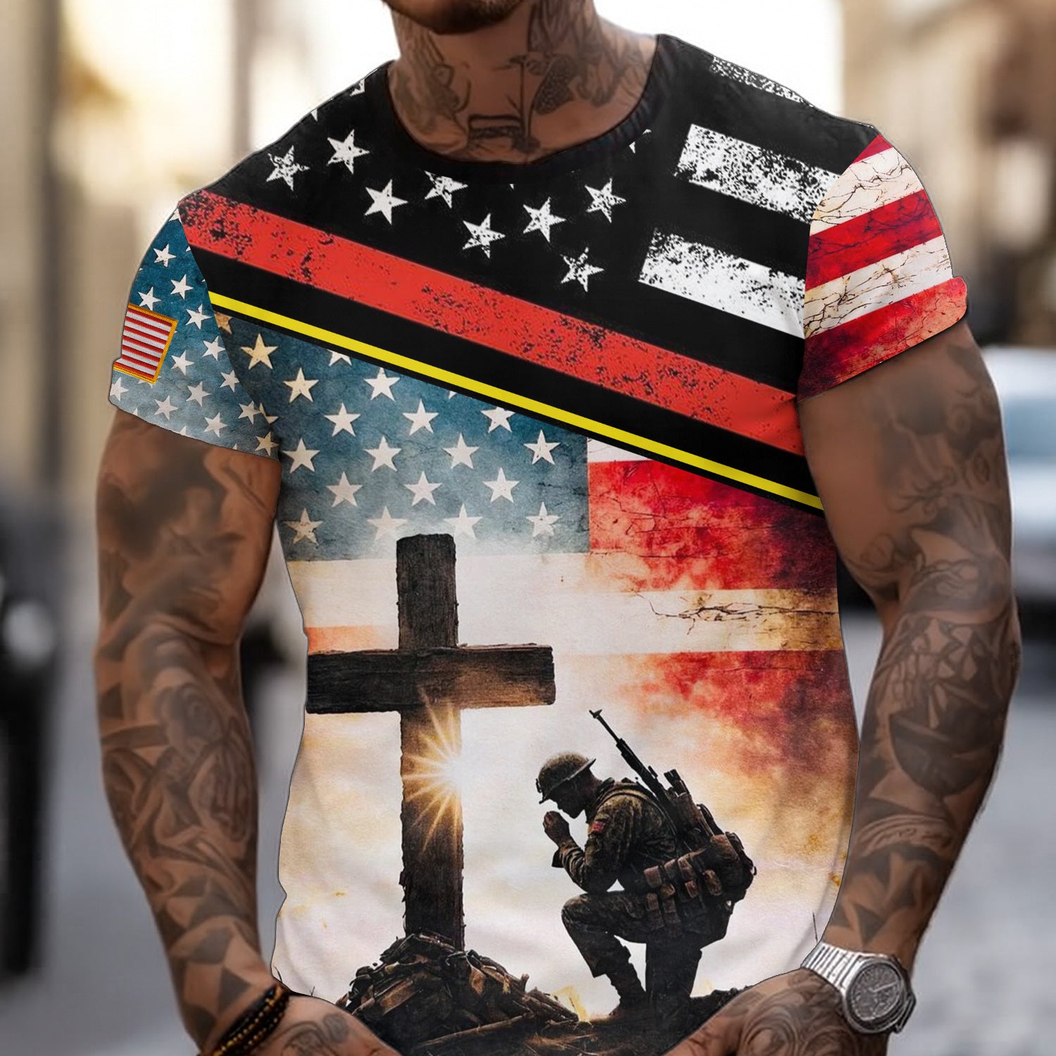 Christian Veteran Shirt, Soldier Kneeling at Cross American Flag Shirt, Patriotic Memorial Day Tee, Military Faith Gift for Men