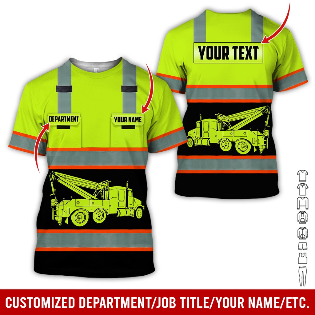 Custom Name Love Tow Truck Shirt, Personalized Workwear Gift, 3D Printed Pocket