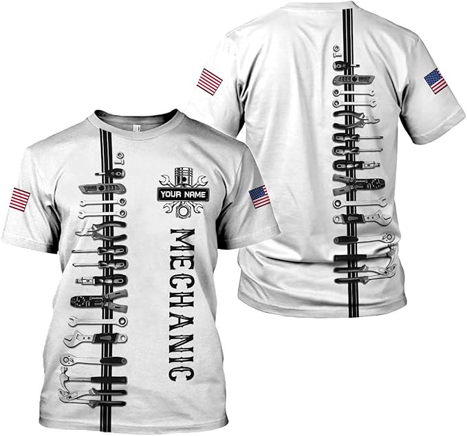 Personalized Mechanic Shirt, Unisex White Mechanic Tool Tshirt Hoodie Sweatshirt, Mechanics Equipment Apparel