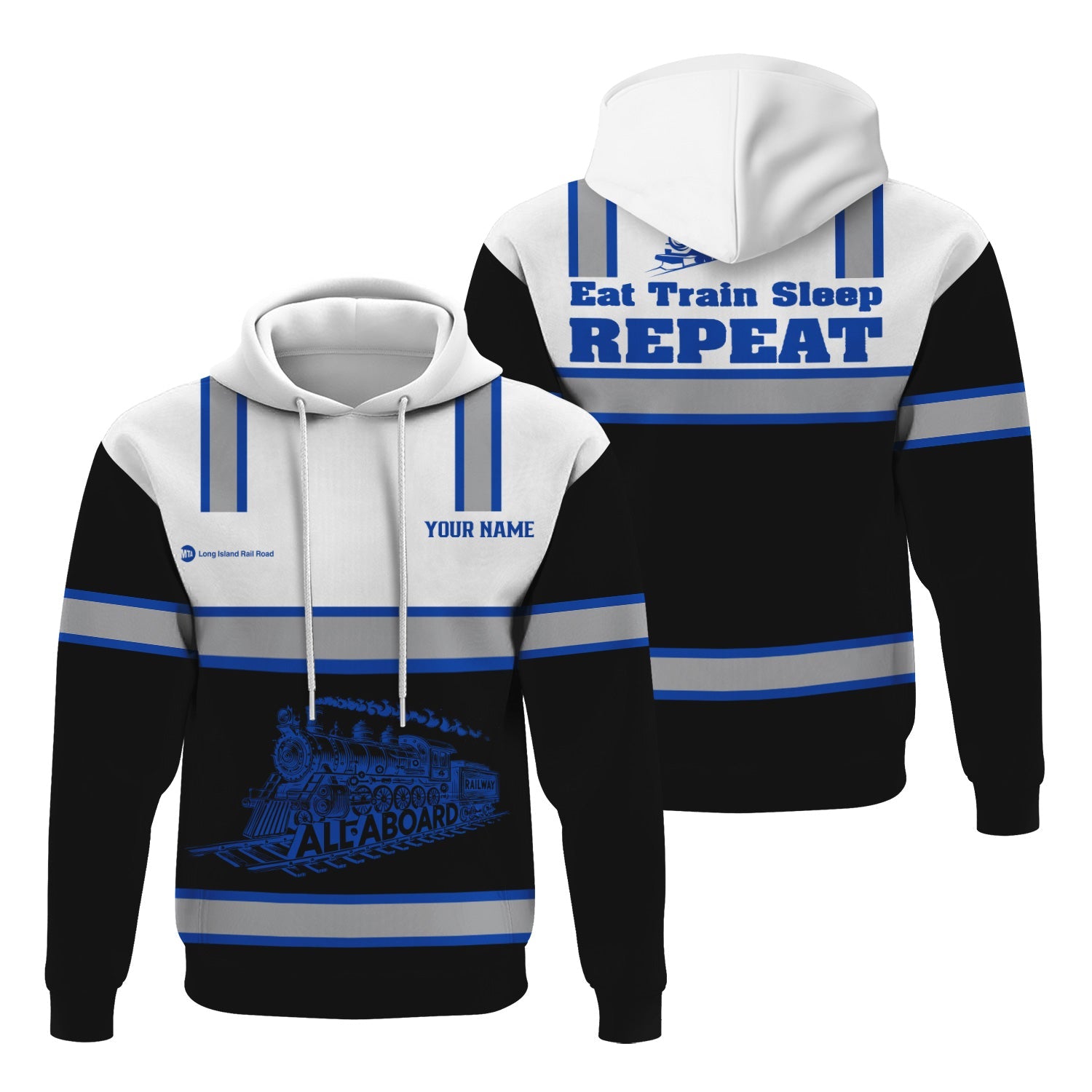 Railspirit Custom Name Long Island Railroad Hoodie Eat Train Sleep Repeat Printed Train Zip Hoodie