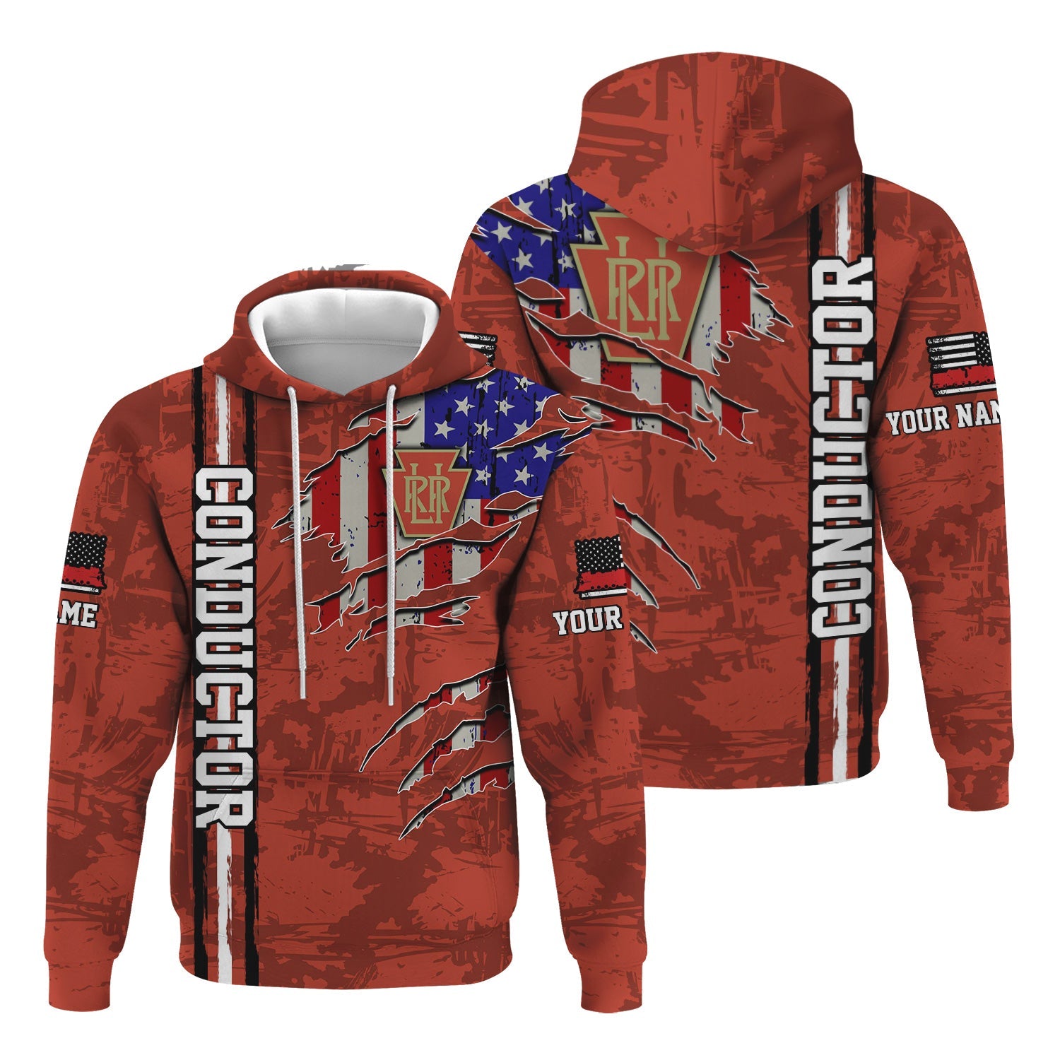 Railspirit Personalized Long Island Railroad Hoodie USA Flag Claw Art with Custom Job Train Zip Up Hoodie