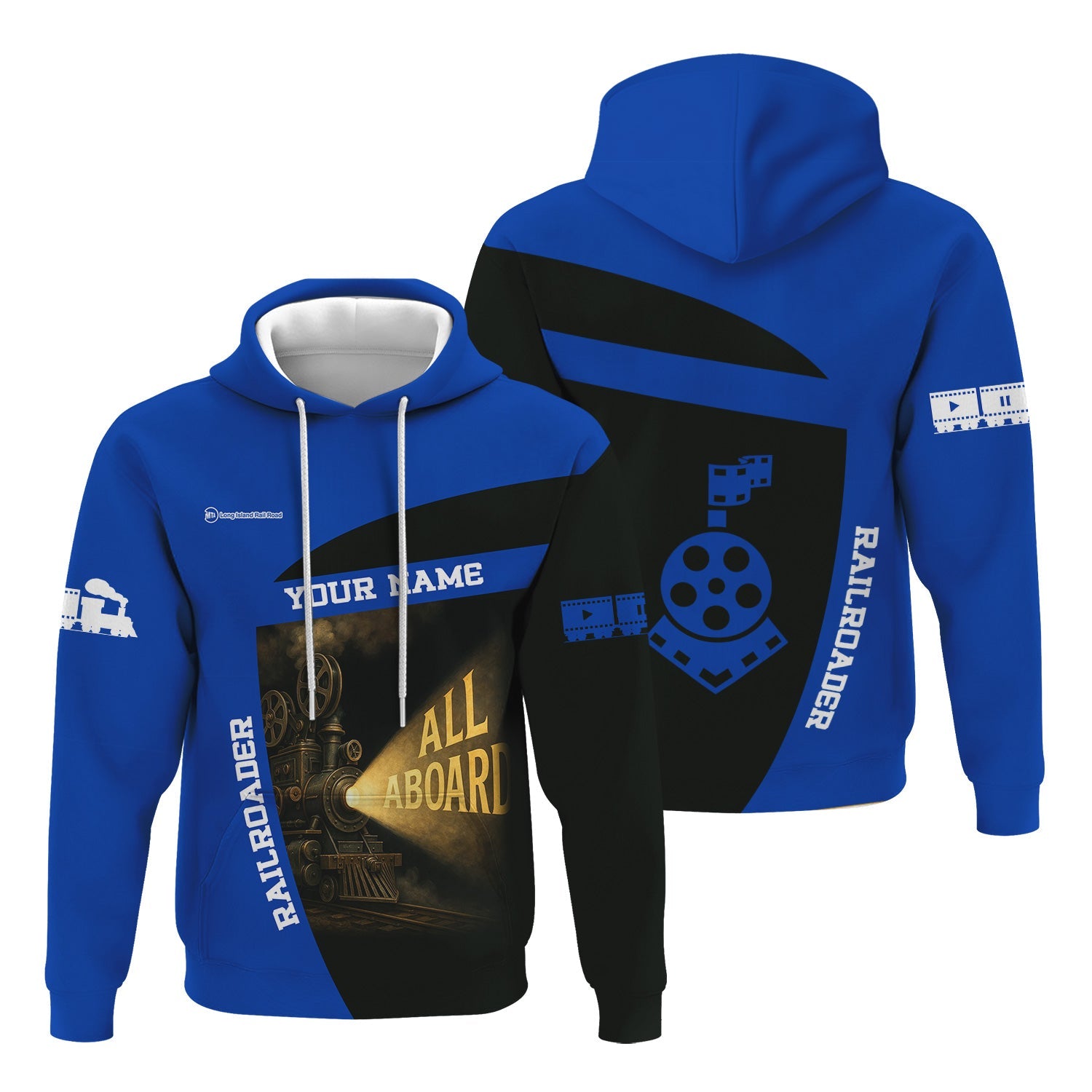Railspirit Personalized Long Island Railroad Hoodie All Aboard Steam Train Movie Projector Style Zip Up Hoodie