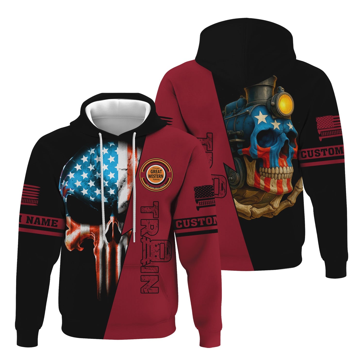 Railspirit Personalized Chicago Great Western Railroad Hoodie Train Skull American Flag Zip Up Hoodie All Over Print