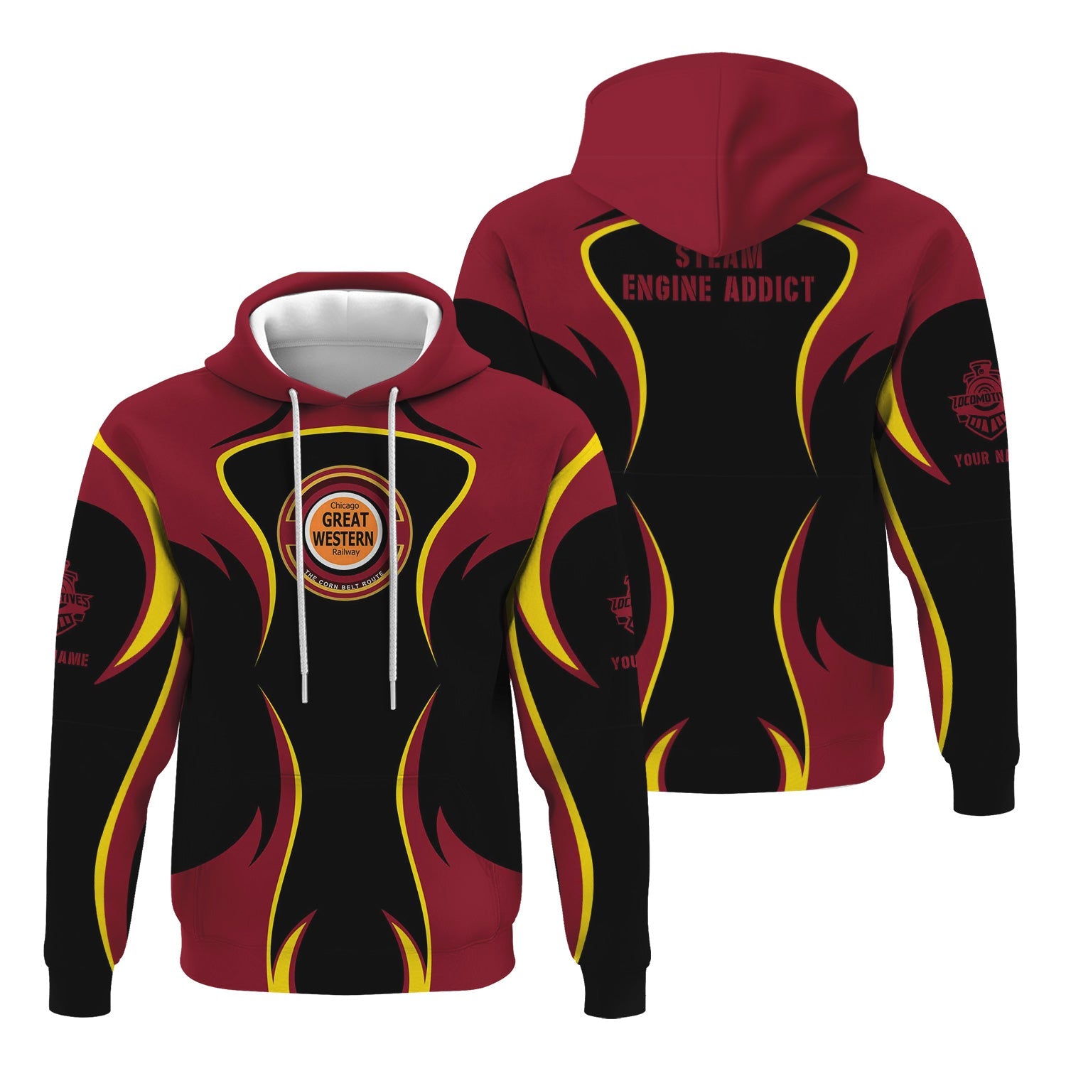 Railspirit Personalized Chicago Great Western Railroad Hoodie Distinctive Flame Style Zip Up Hoodie For Steam Engine Addict
