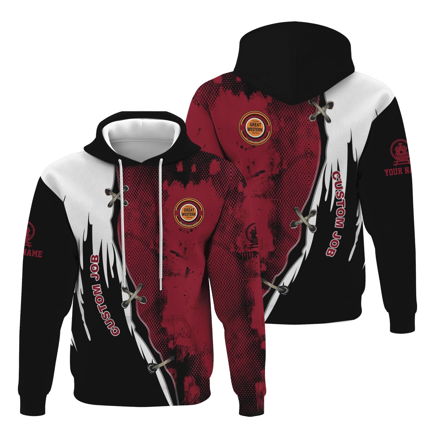 Railspirit Personalized Chicago Great Western Railroad Hoodie Retro Stitches Design with Custom Position Train Zip Up Hoodie