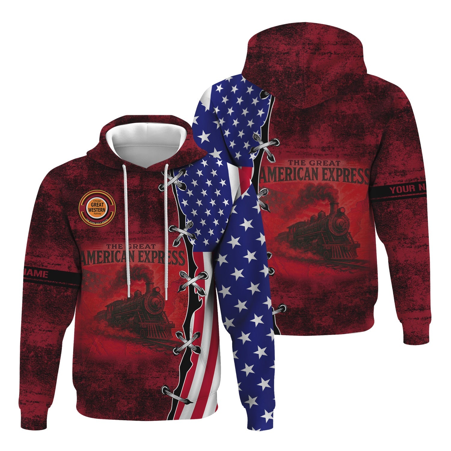 Railspirit Personalized Chicago Great Western Railroad Hoodie Retro American Express Train With USA Flag Zip Up Hoodie