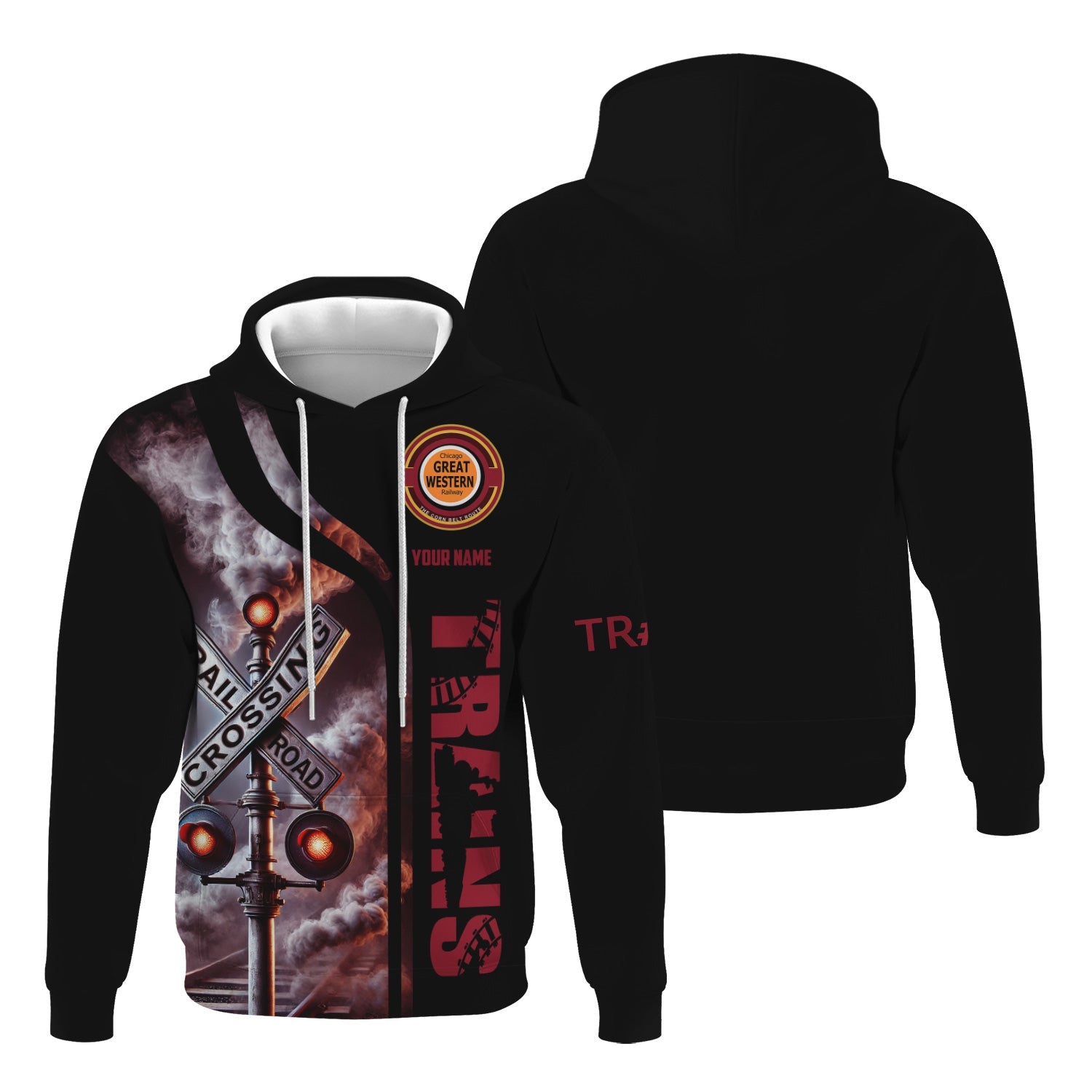 Railspirit Custom Name Chicago Great Western Railroad Hoodie Railroad Crossing Sign Printed Zip Hoodie