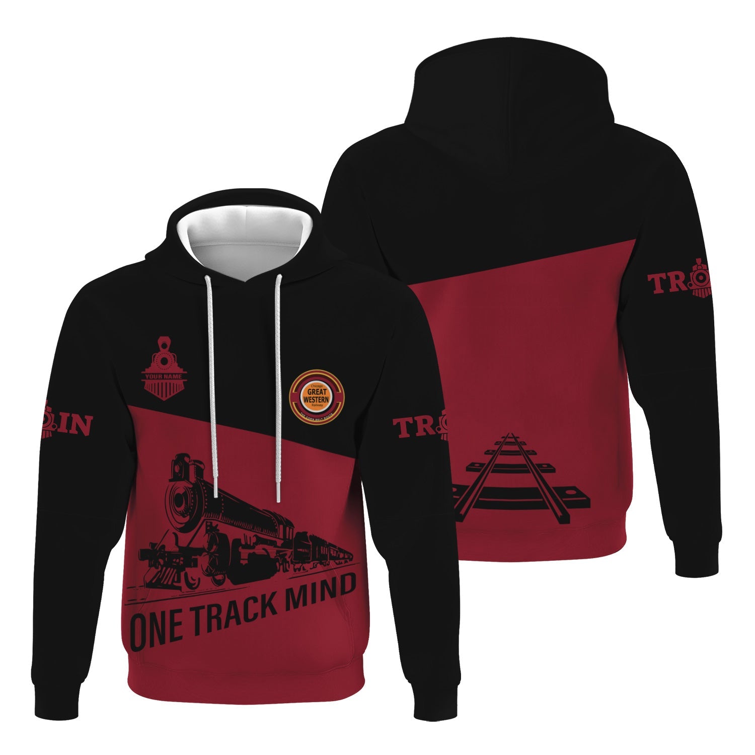 Railspirit Custom Name Chicago Great Western Railroad Hoodie One Track Mind Printed Zip Hoodie