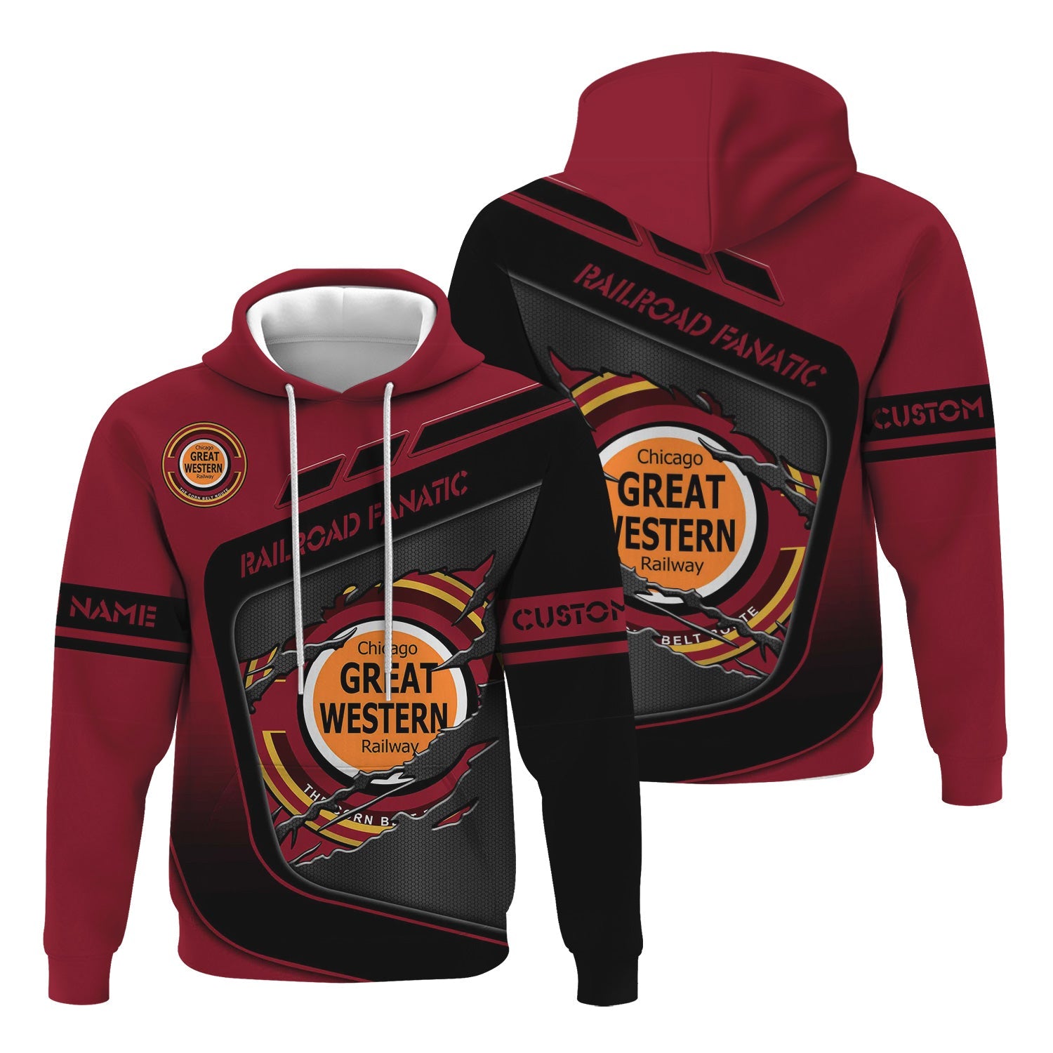 Railspirit Personalized Chicago Great Western Railroad Hoodie Ripped Texture Style Train Zip Up Hoodie For Railroad Fanatic