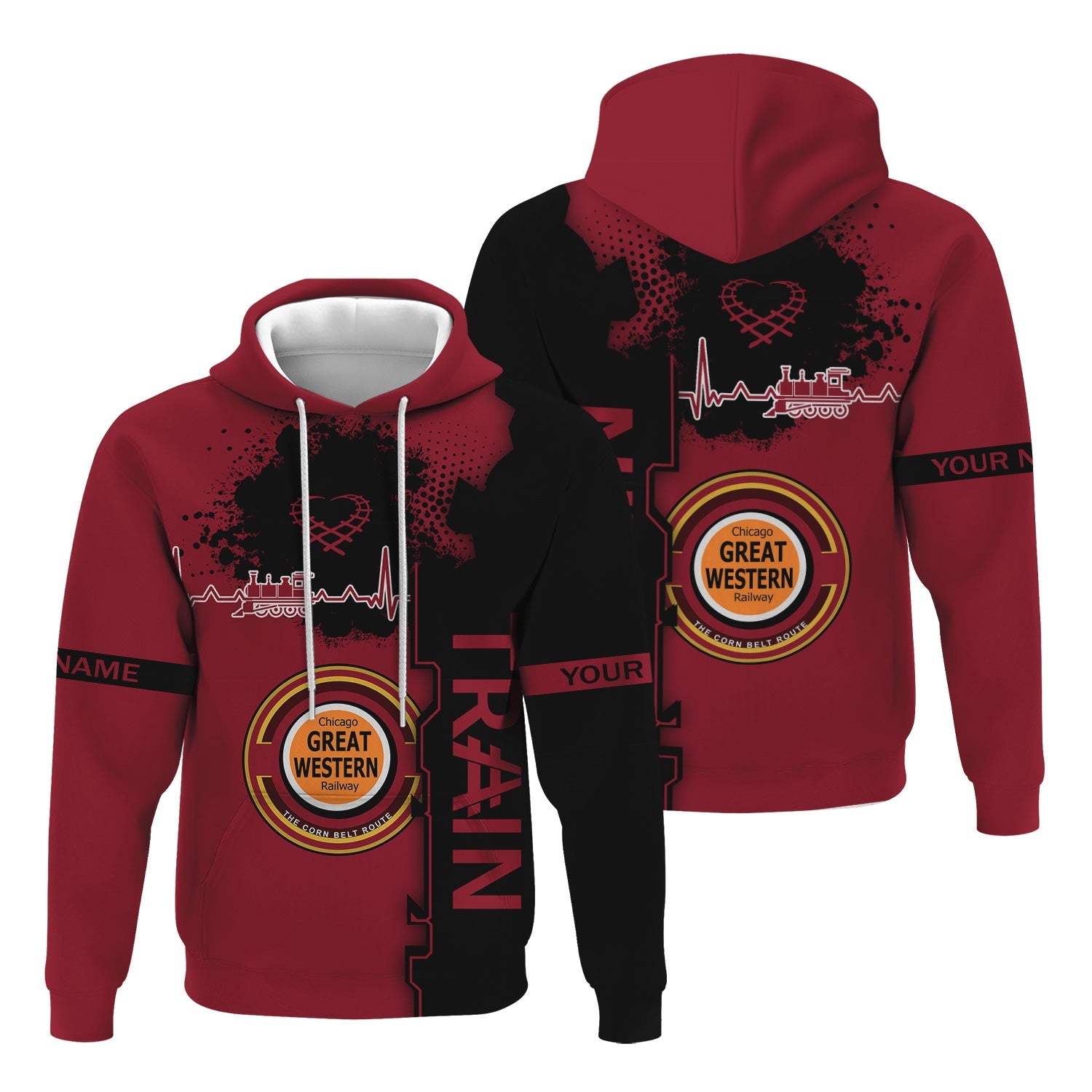 Railspirit Personalized Chicago Great Western Railroad Hoodie Engine Heartbeat and Track Love Style Zip Up Hoodie Gift Idea For Train Lovers