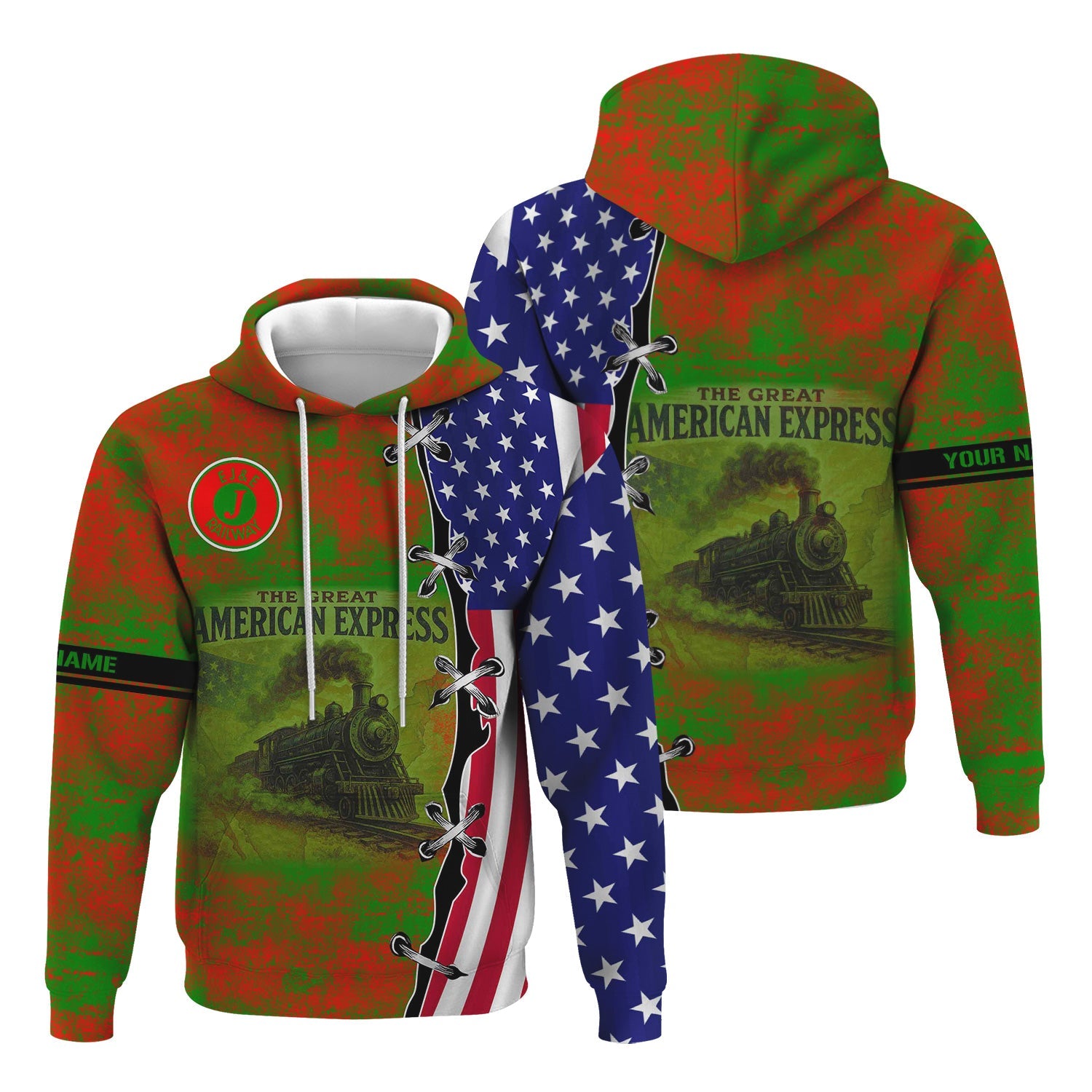 Railspirit Personalized Elgin Joliet And Eastern Railroad Hoodie Retro American Express Train With USA Flag Zip Up Hoodie