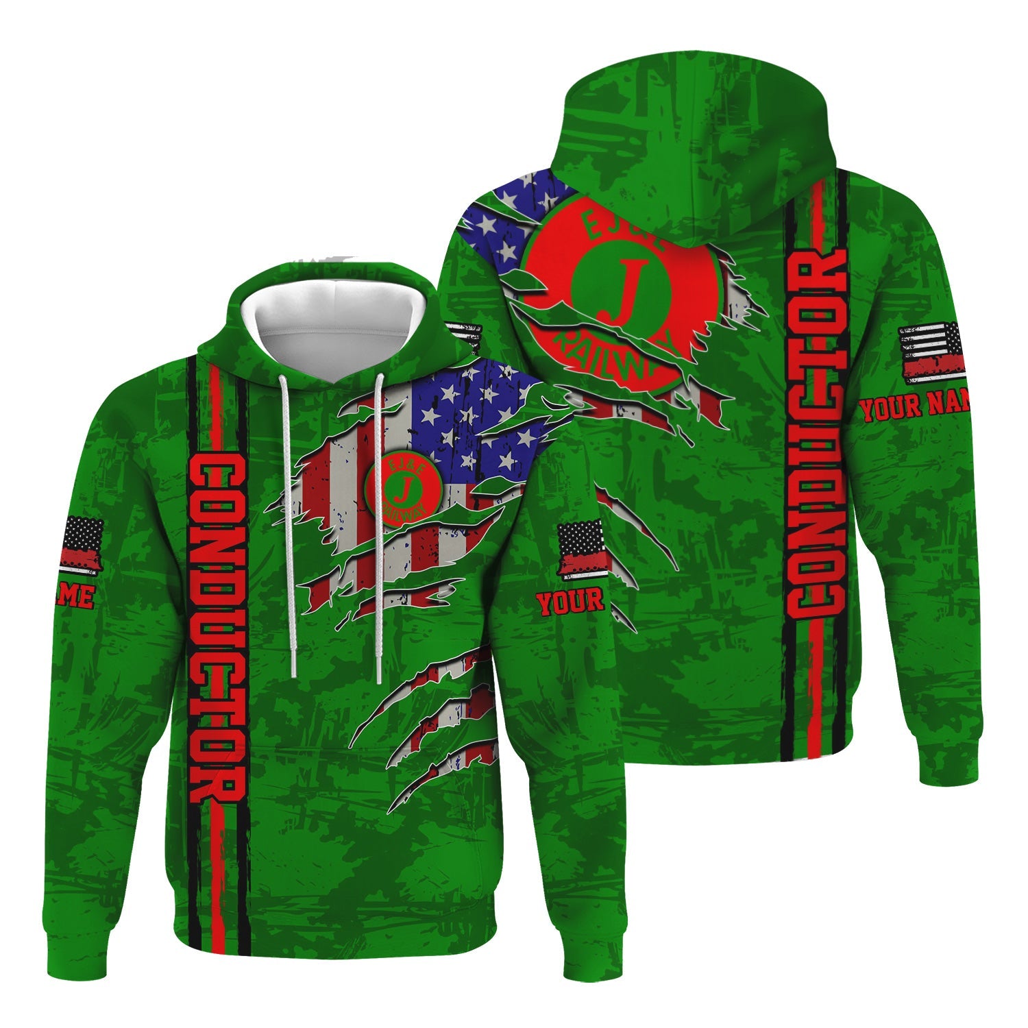Railspirit Personalized Elgin Joliet And Eastern Railroad Hoodie USA Flag Claw Art with Custom Job Train Zip Up Hoodie